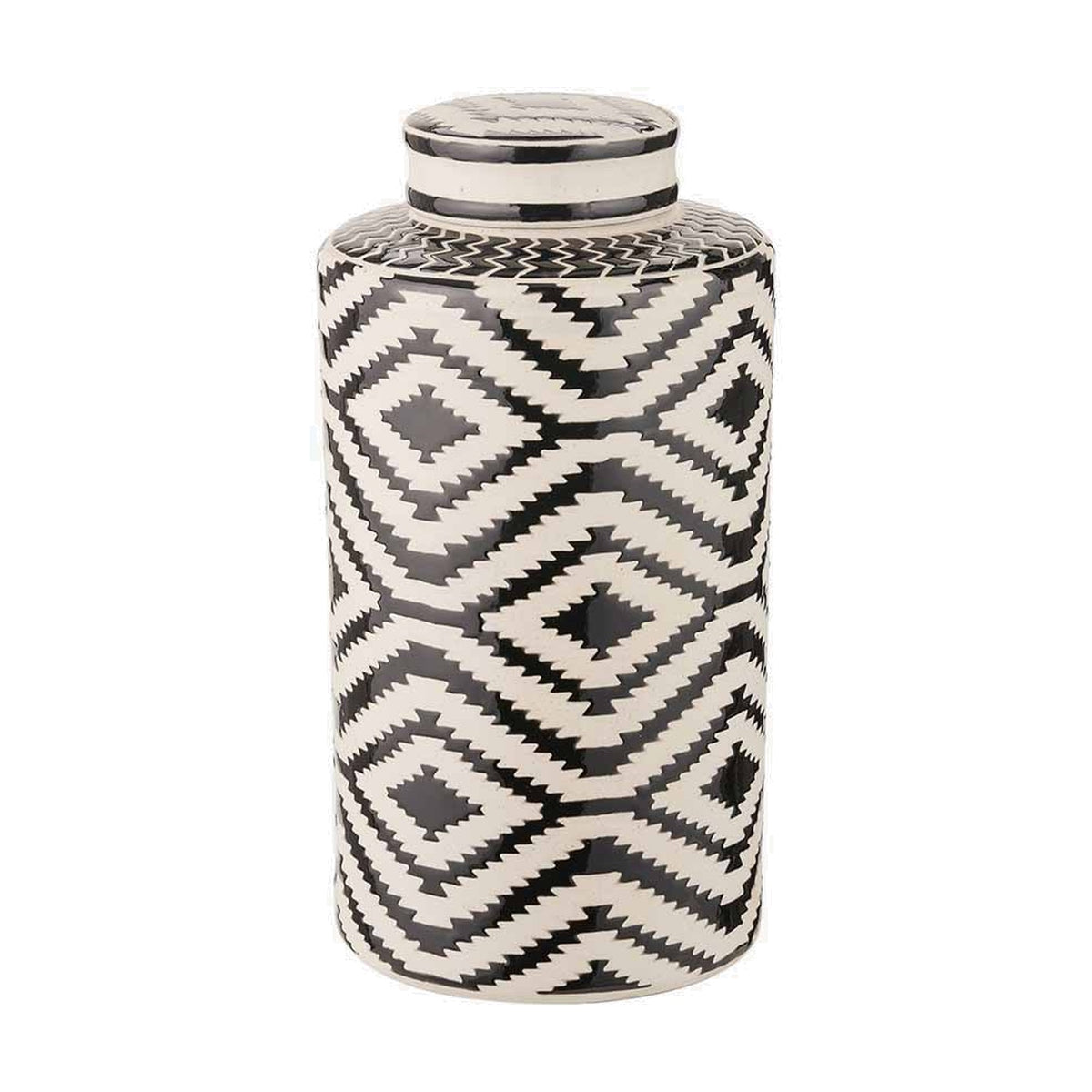Chirala Black & White Ceramic Aztec Design Lidded Ginger Jar, 35cm, with geometric diamond pattern and domed lid, shown on a plain white background.