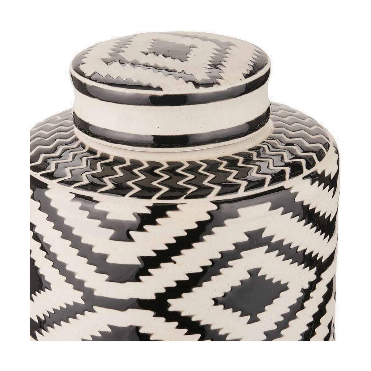 Close-up of the Chirala Black & White Ceramic Aztec Design Lidded Ginger Jar, showing the domed lid and geometric zigzag pattern in black and white against a plain white background.