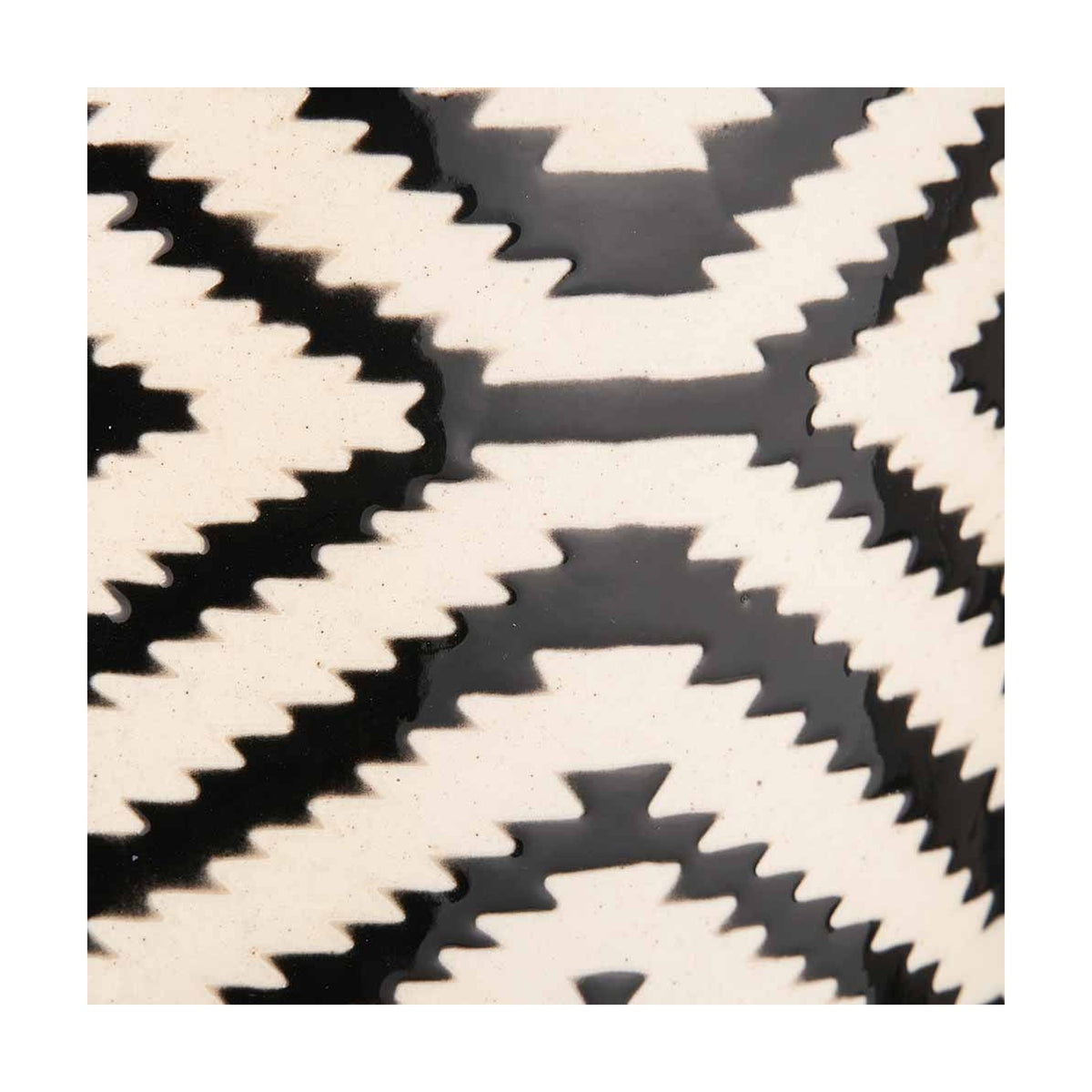 Close-up of the Chirala ceramic ginger jar's Aztec zigzag pattern in glossy black and cream.