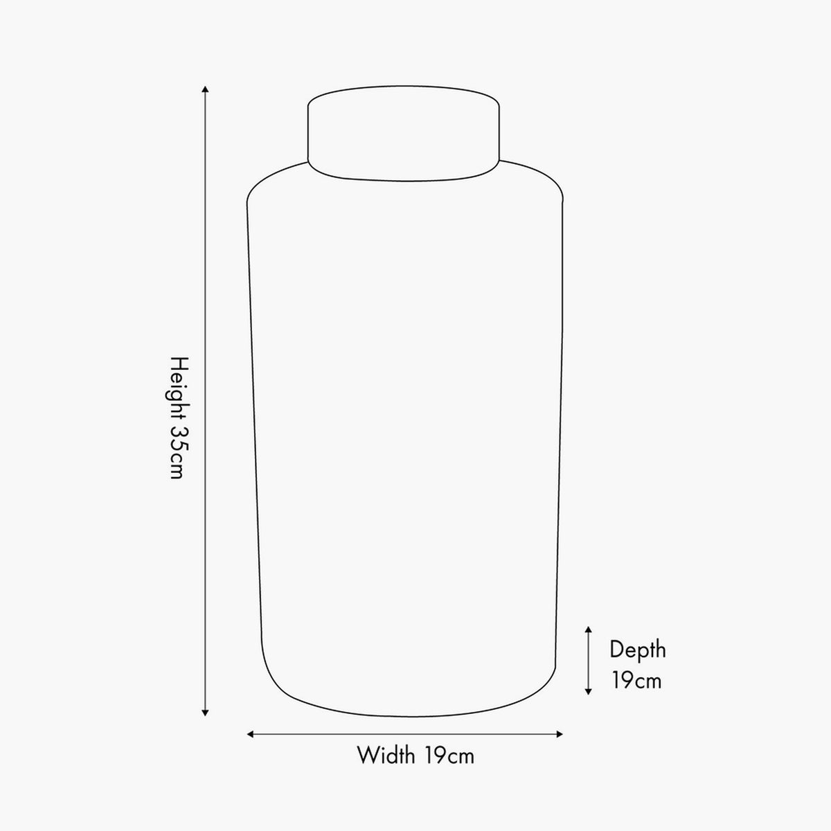 Line drawing of the Chirala ceramic ginger jar with lid, showing dimensions 35cm height, 19cm width, and 19cm depth, on a plain white background.
