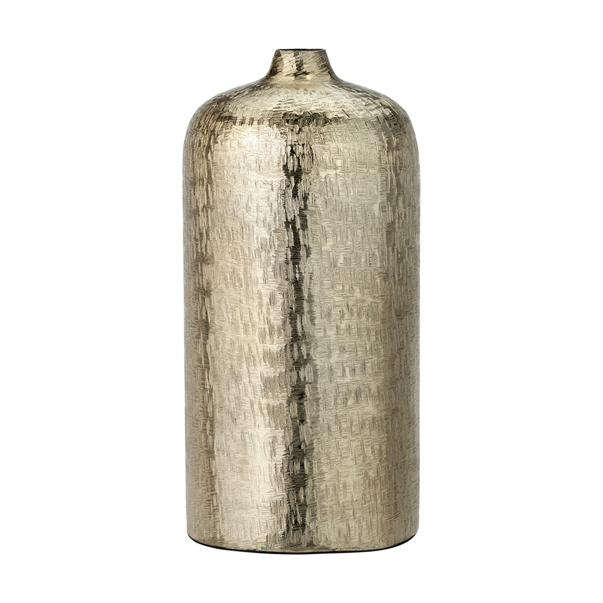 Gold aluminium hammered vase, 38cm tall, cylindrical shape with narrow neck and textured crosshatch finish, shown on a plain white background.