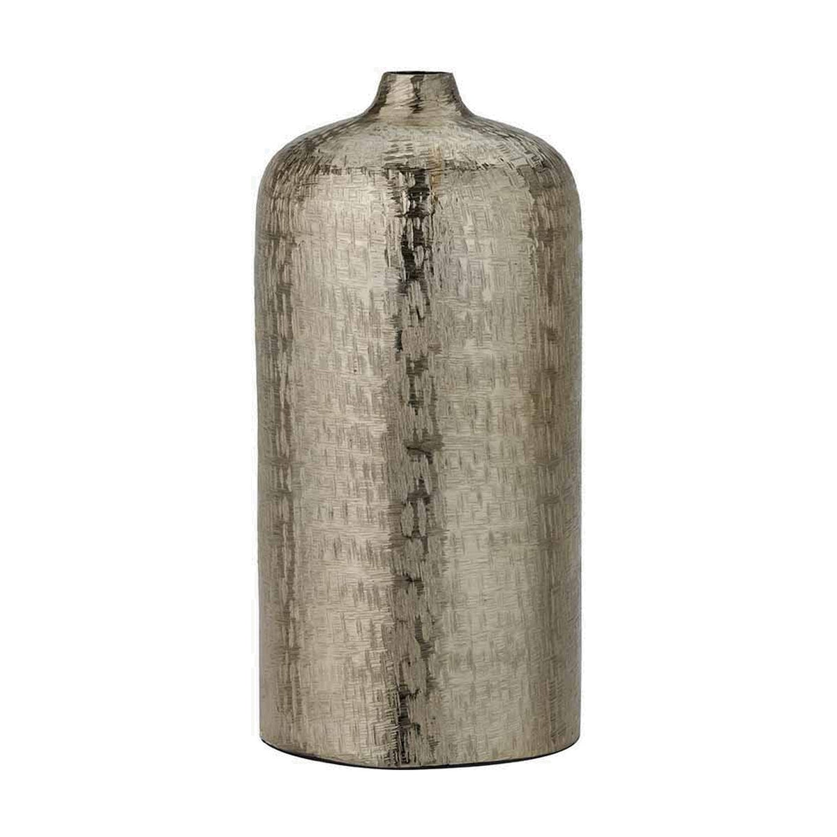 Gold Aluminium Hammered Vase, 38cm tall, cylindrical bottle shape with narrow neck and textured hammered finish, shown on a plain white background.