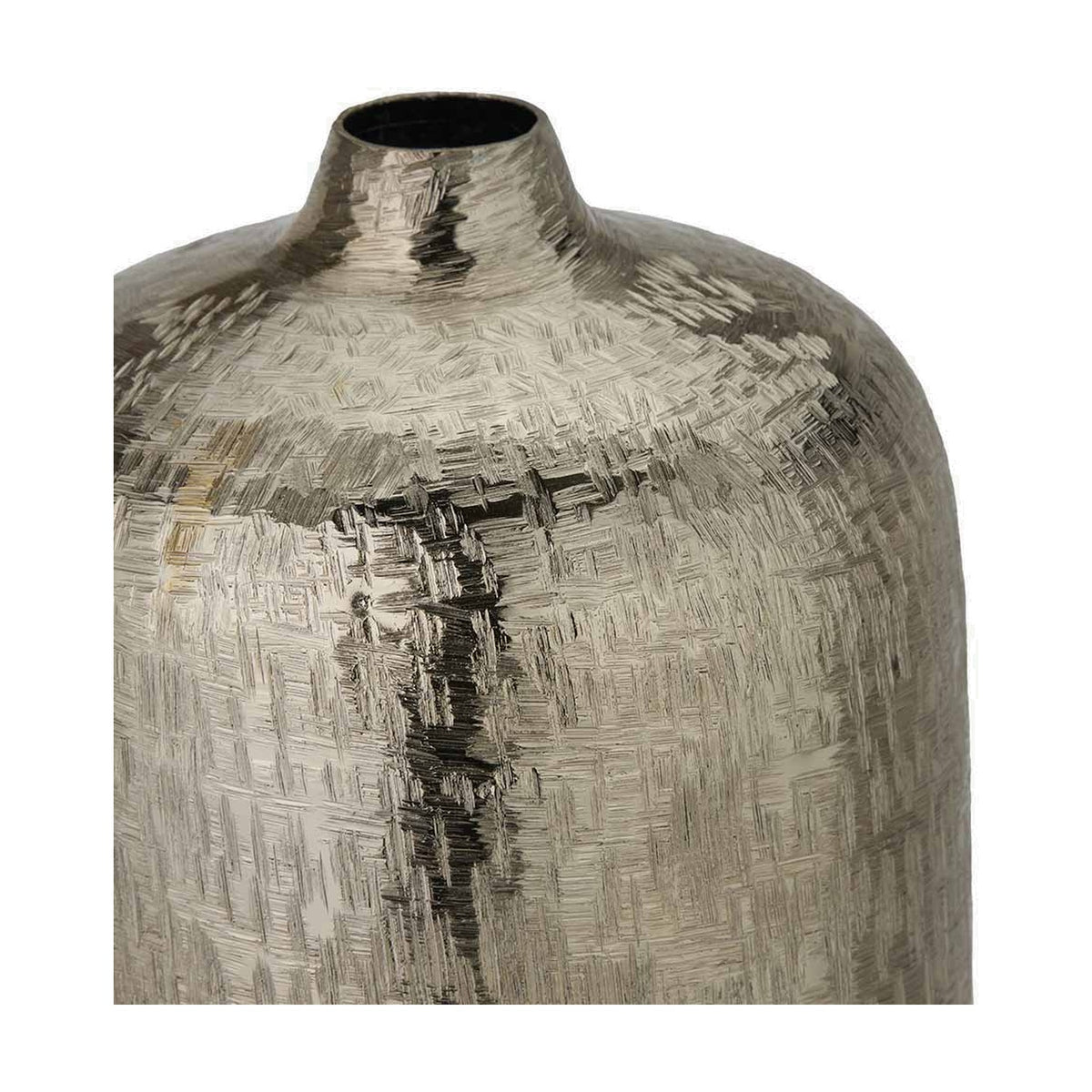 Close-up of the Gold Aluminium Hammered Vase, 38cm, showing a narrow neck and textured crosshatch finish in warm gold tones against a plain white background.