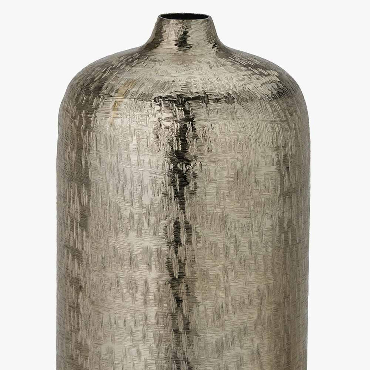 Gold Aluminium Hammered Vase, 38cm, close-up of narrow neck and textured brushed finish, on a plain white background.