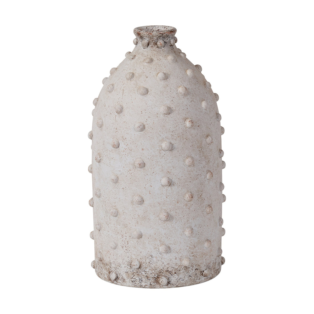 Kali Textured Dot Light Grey Stoneware Vase, 31cm tall, with a tapered bottle shape, narrow neck, and raised dot texture covering the surface, shown against a plain white background.