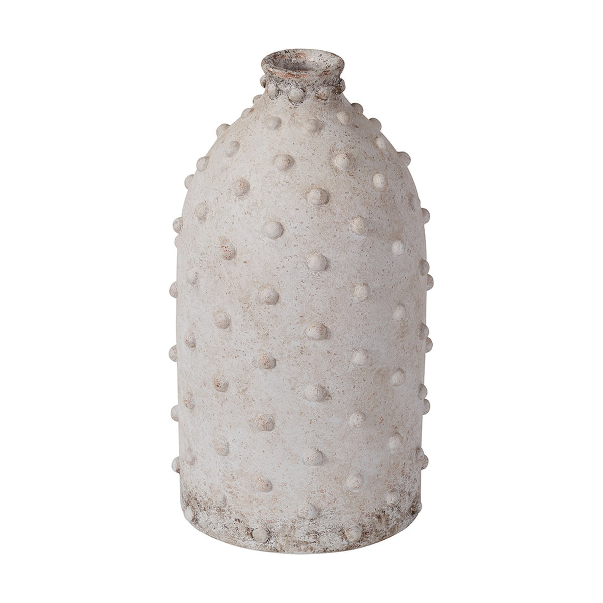 Kali Textured Dot Light Grey Stoneware Vase, 31cm, a tall bottle-shaped ceramic vase with raised dot texture and narrow neck, shown on a plain white background.