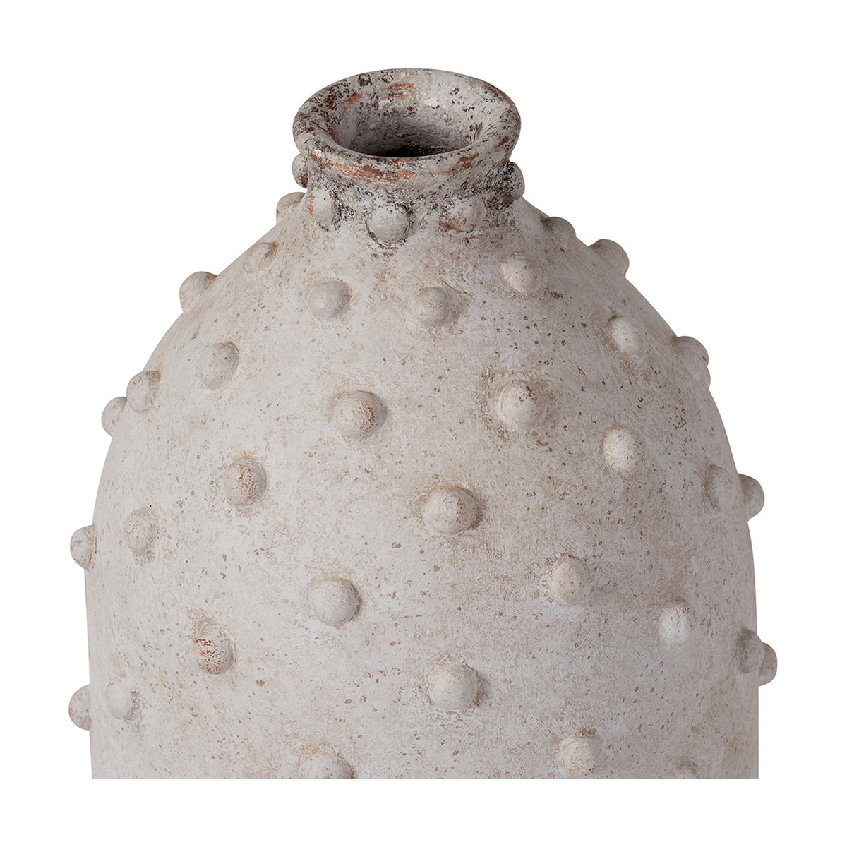 Kali Textured Dot Light Grey Stoneware Vase, 31cm, close-up of the bulbous body and narrow neck covered in raised dot texture, shown against a plain white background.
