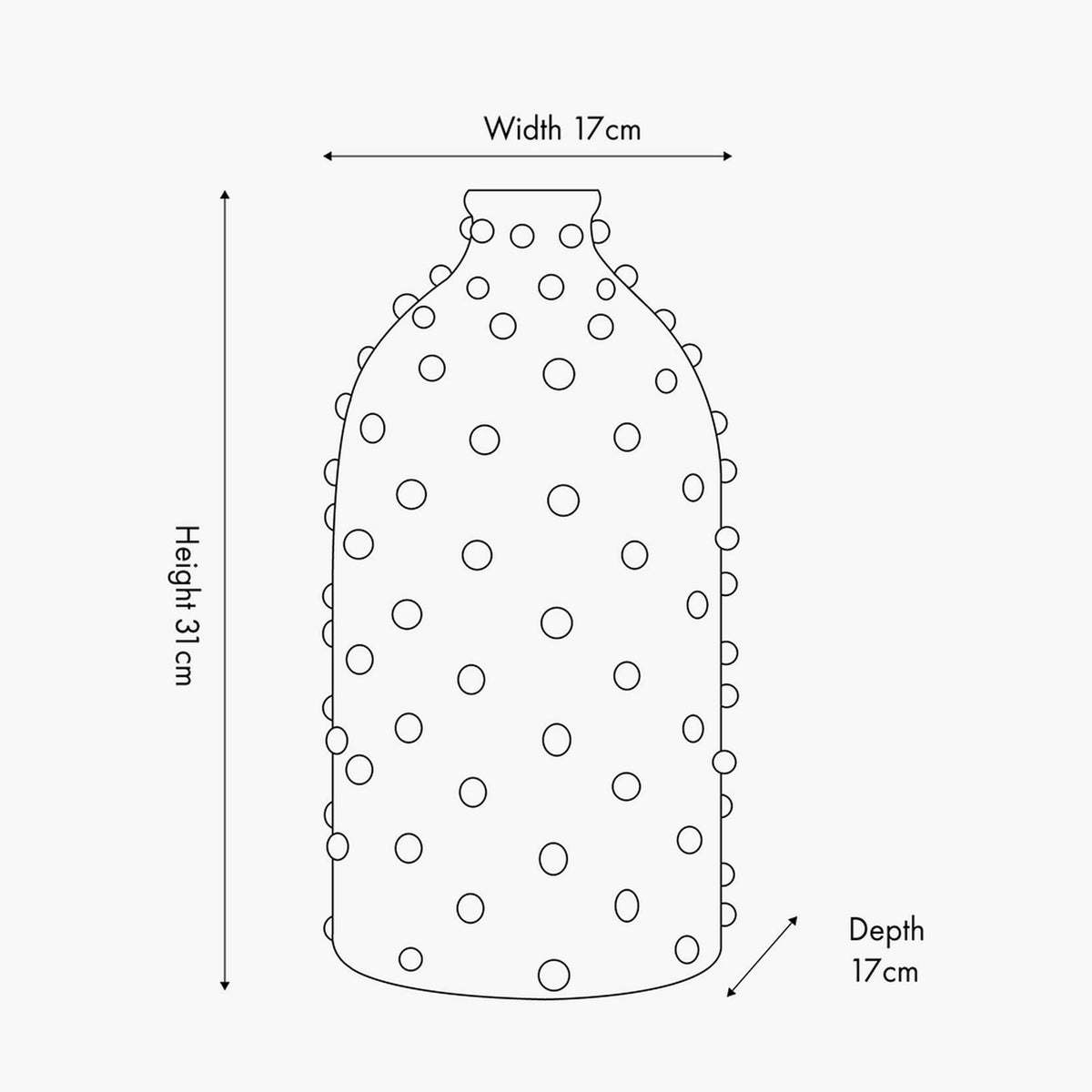 Line drawing of the Kali Textured Dot Light Grey Stoneware Vase showing a tall, rounded ceramic vase with an allover dot pattern and dimensions labelled 17cm width, 17cm depth, and 31cm height.