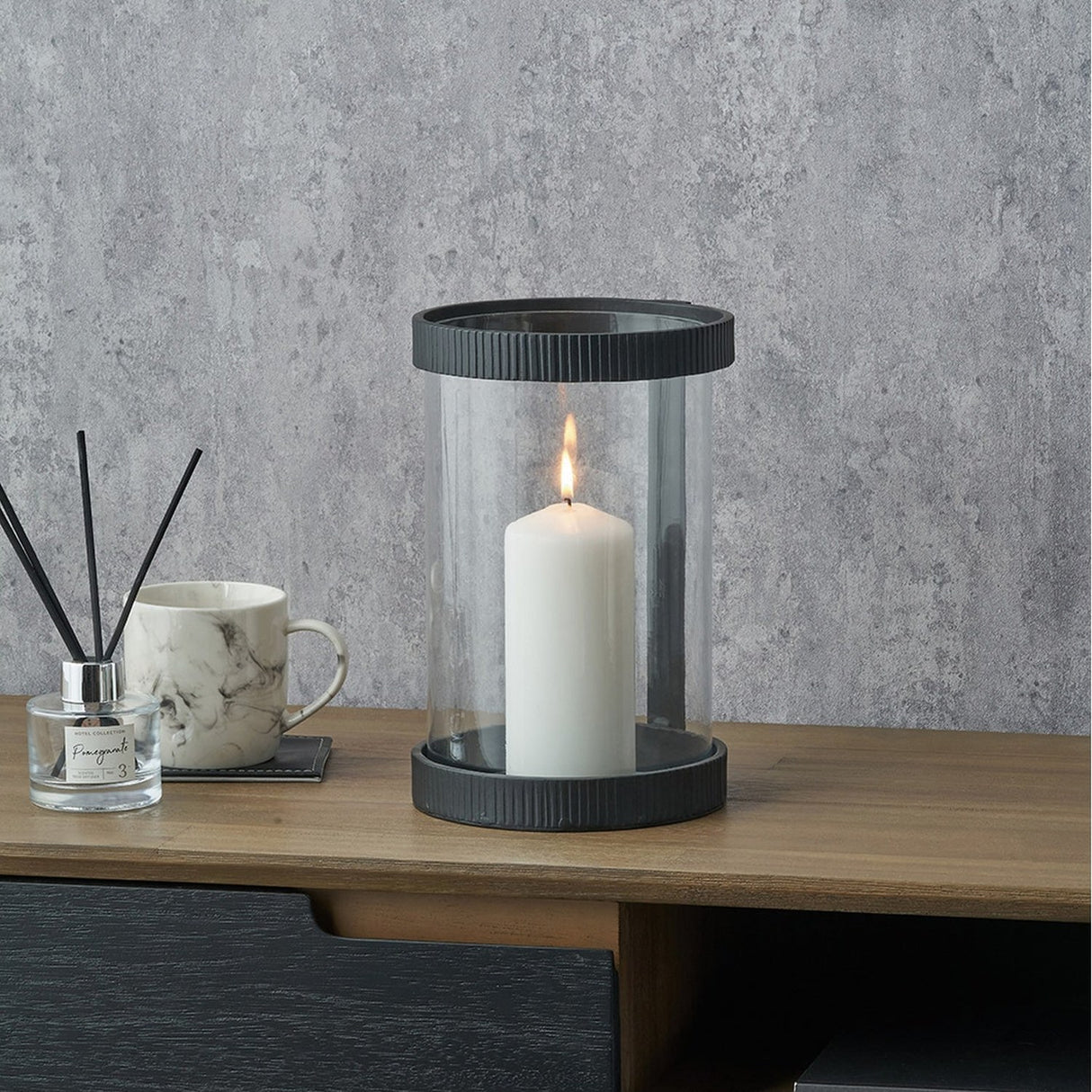 Black Ribbed Metal & Clear Glass Hurricane Lamp - 25cm