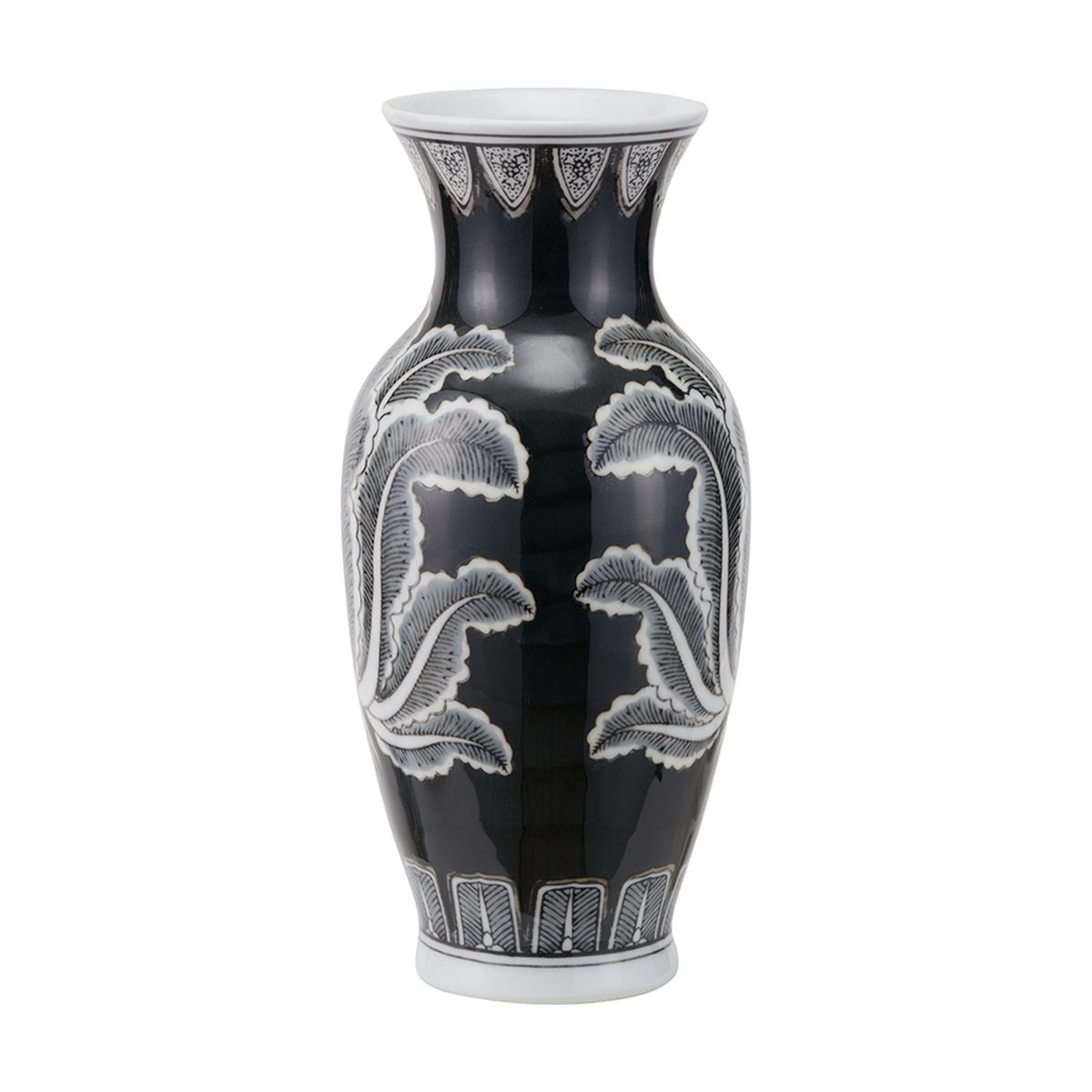 Black & White Feather Ceramic Urn Vase Asteria, 31cm, glossy black body with white feather leaf motifs and flared white rim, on a plain white background.