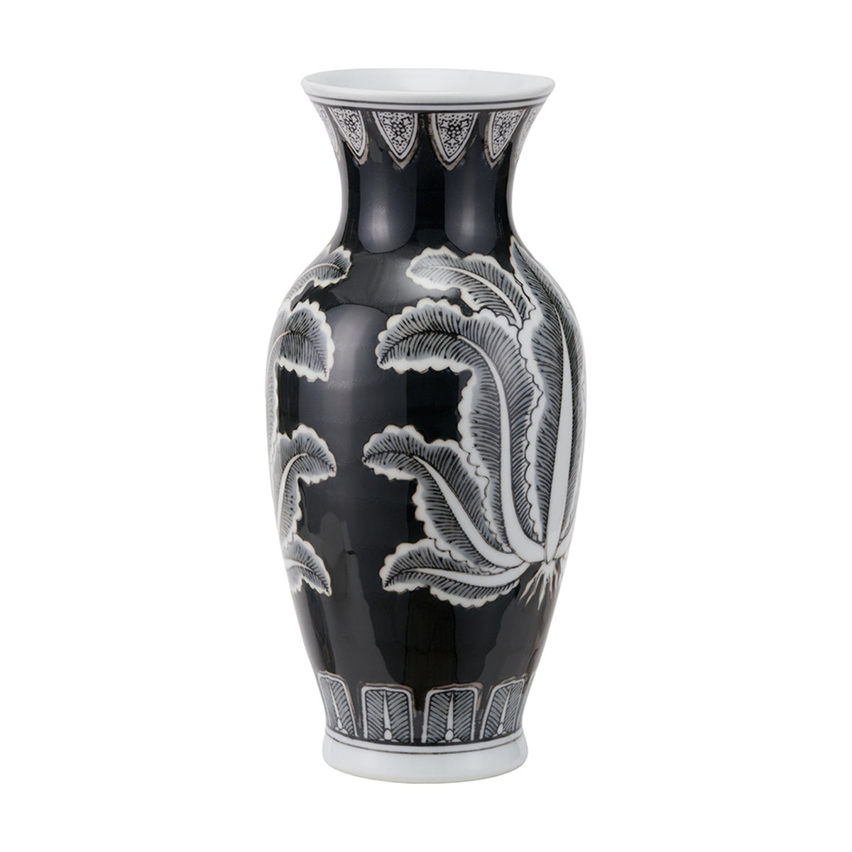 Black and white ceramic urn vase, 31cm, with a glossy black body featuring hand-painted feather-like foliage in white, a flared white rim and base, shown on a plain white background.