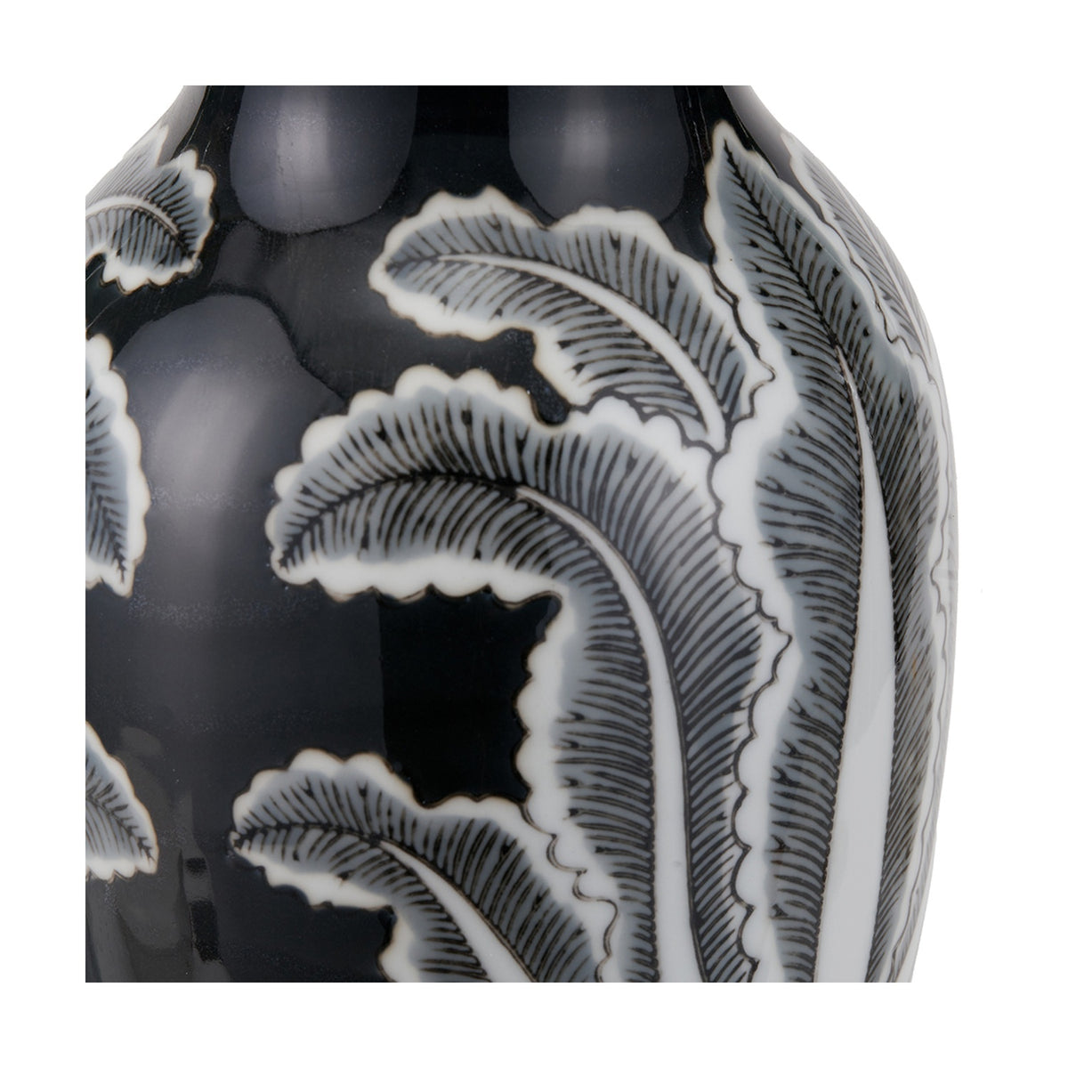Close-up of the Black & White Feather Ceramic Urn Vase Asteria, showing hand-painted feather leaf detailing on a glossy black ceramic surface with white outlines.