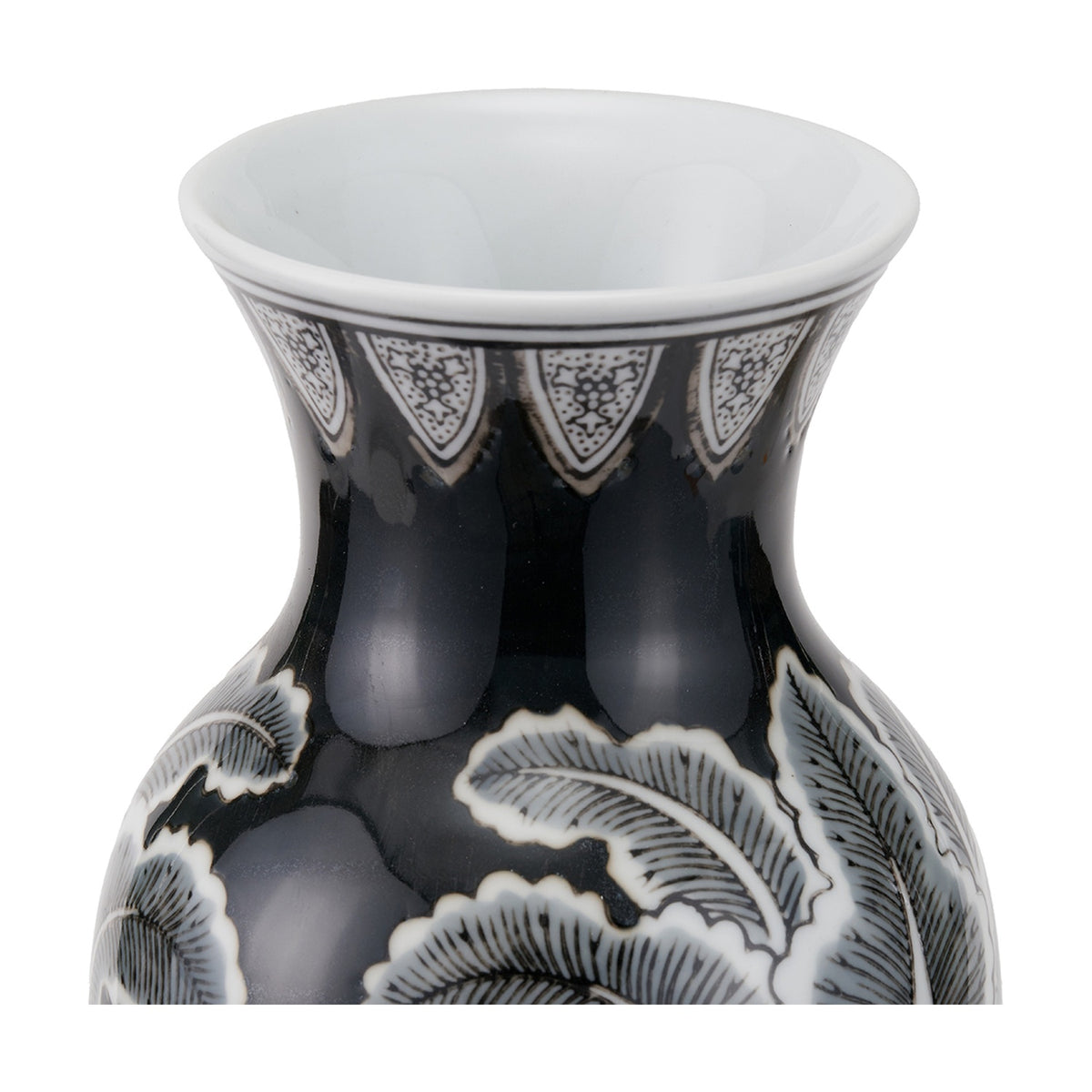 Close-up of the Black & White Feather Ceramic Urn Vase Asteria, 31cm, showing the flared white-glazed rim above a black neck and body with hand-painted feather and petal motifs.