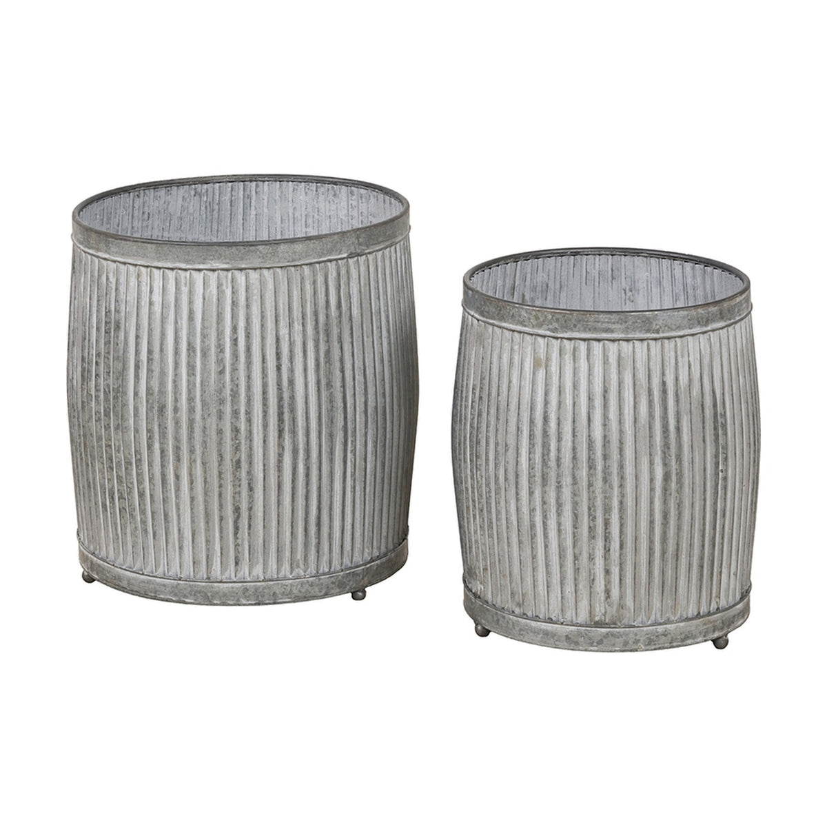 Set of 2 galvanised zinc barrel planters with ribbed sides in varying sizes, shown on a plain white background.