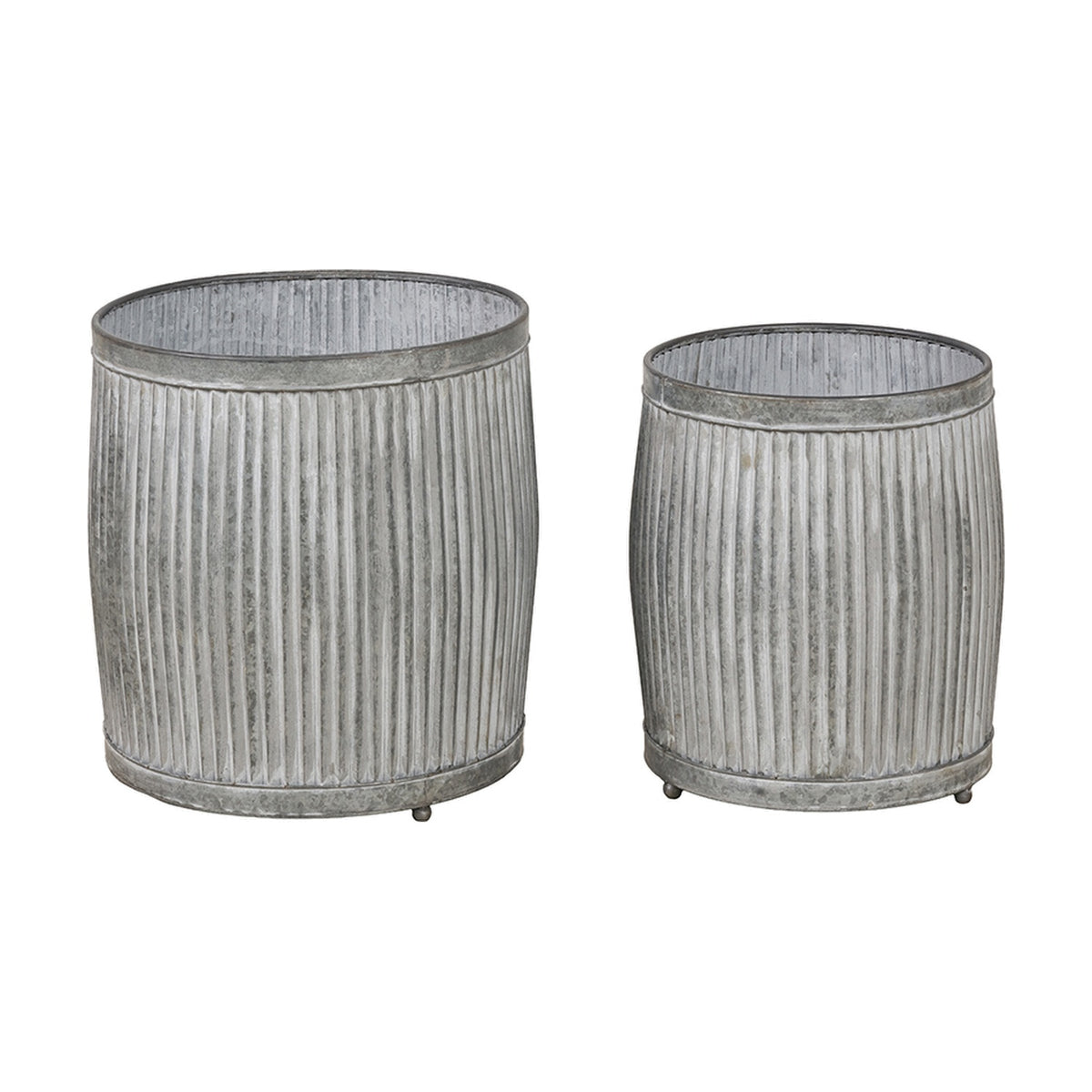 Set of two round galvanised zinc barrel planters with ribbed sides in varying sizes, shown on a plain white background.