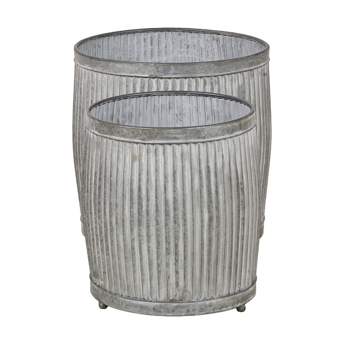 Set of 2 galvanised zinc barrel planters, 53cm, with ribbed sides, nested one inside the other, on a plain white background.
