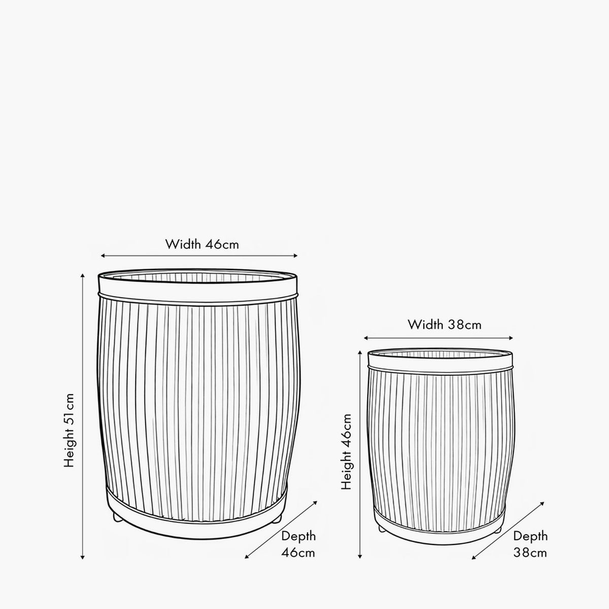 Line drawing of two ribbed galvanised zinc barrel planters on a white background, showing dimensions: 46cm W/D x 51cm H (large) and 38cm W/D x 46cm H (small).