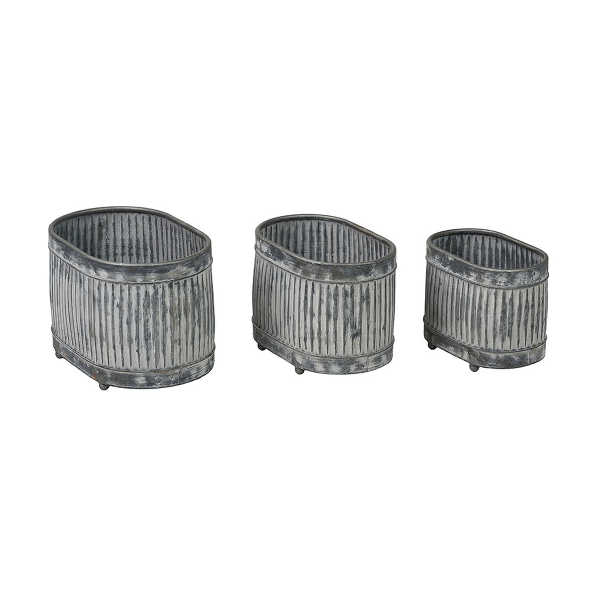 Set of 3 galvanised zinc oval planters with ribbed sides in graduated sizes, each with a sloped front rim, shown on a plain white background.
