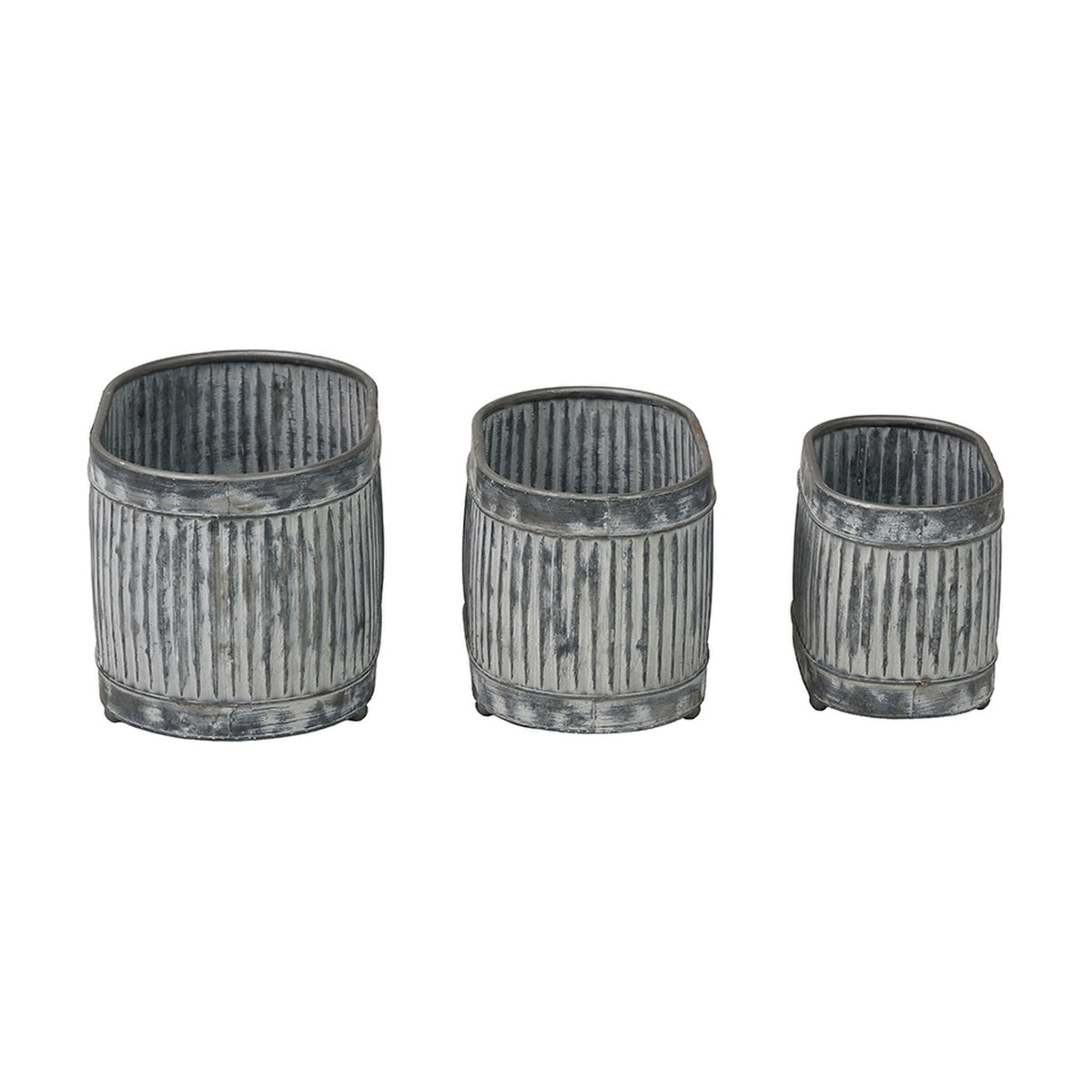 Set of 3 galvanised zinc oval planters in graduated sizes with ribbed texture and banded rims, shown on a plain white background.