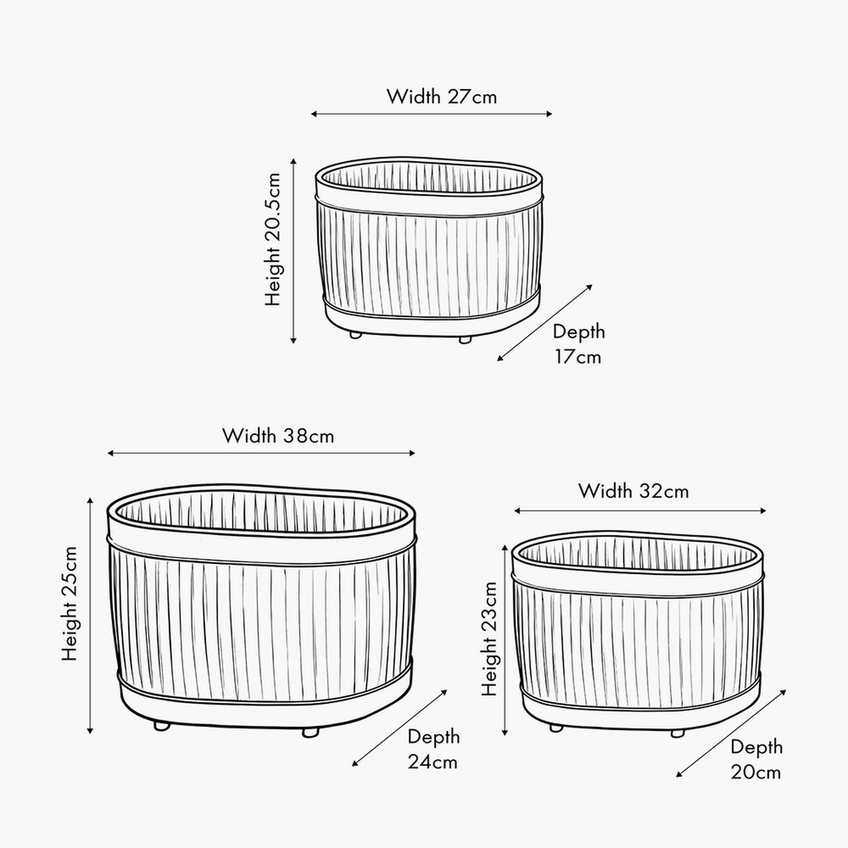 Line drawing of a set of 3 galvanised zinc oval planters with ribbed sides and footed bases, shown in three sizes with labelled width, height and depth dimensions on a plain background.