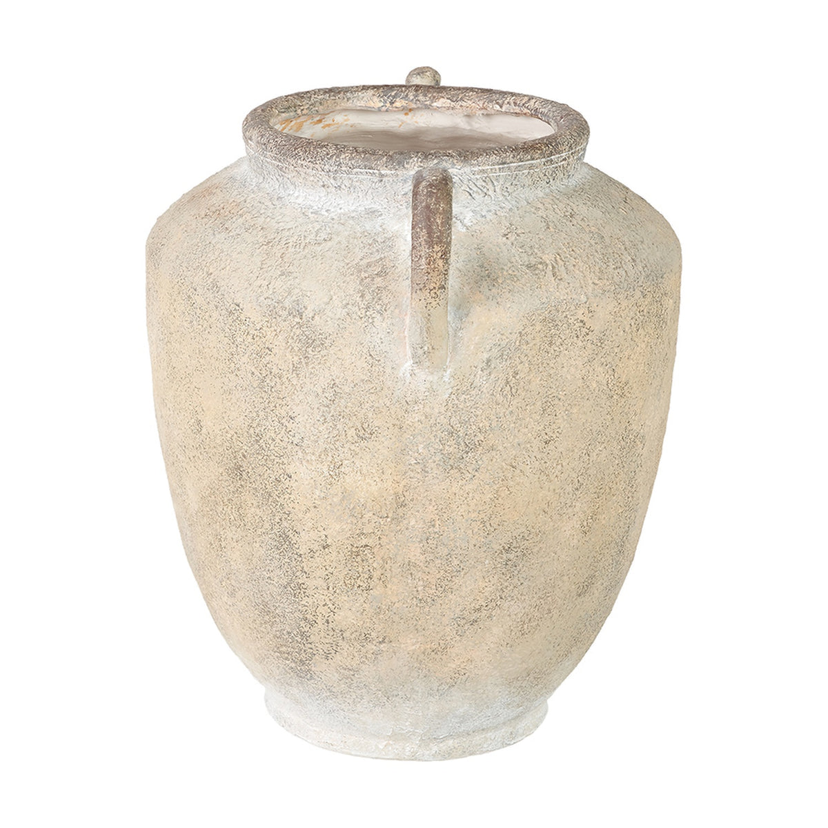 Rounded fibrestone decorative vase, 41cm, with textured natural white-beige finish and two small side handles below the rim, shown on a plain white background.