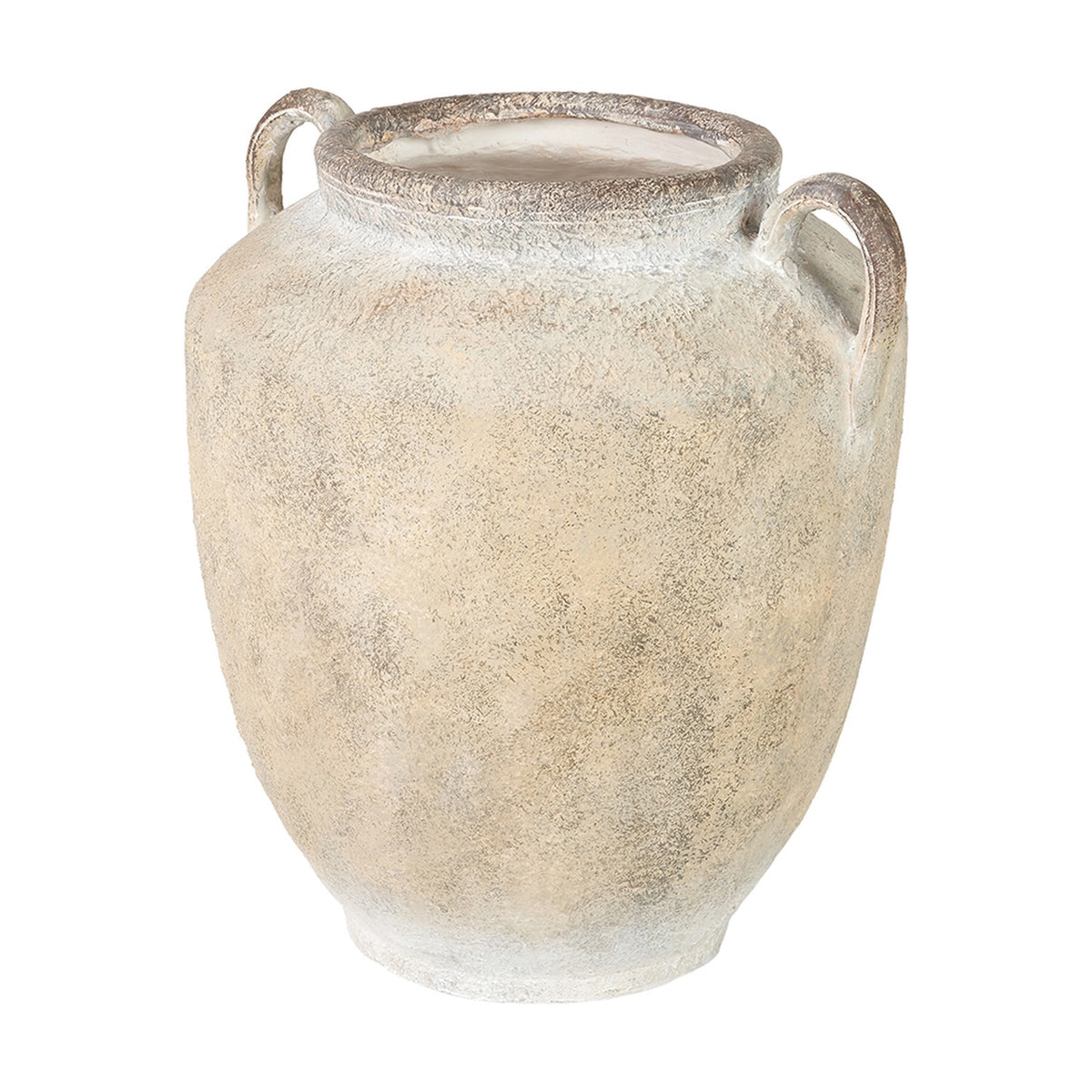 Natural textured fibrestone decorative vase, 41cm, with two side handles and a wide mouth, shown on a plain white background.