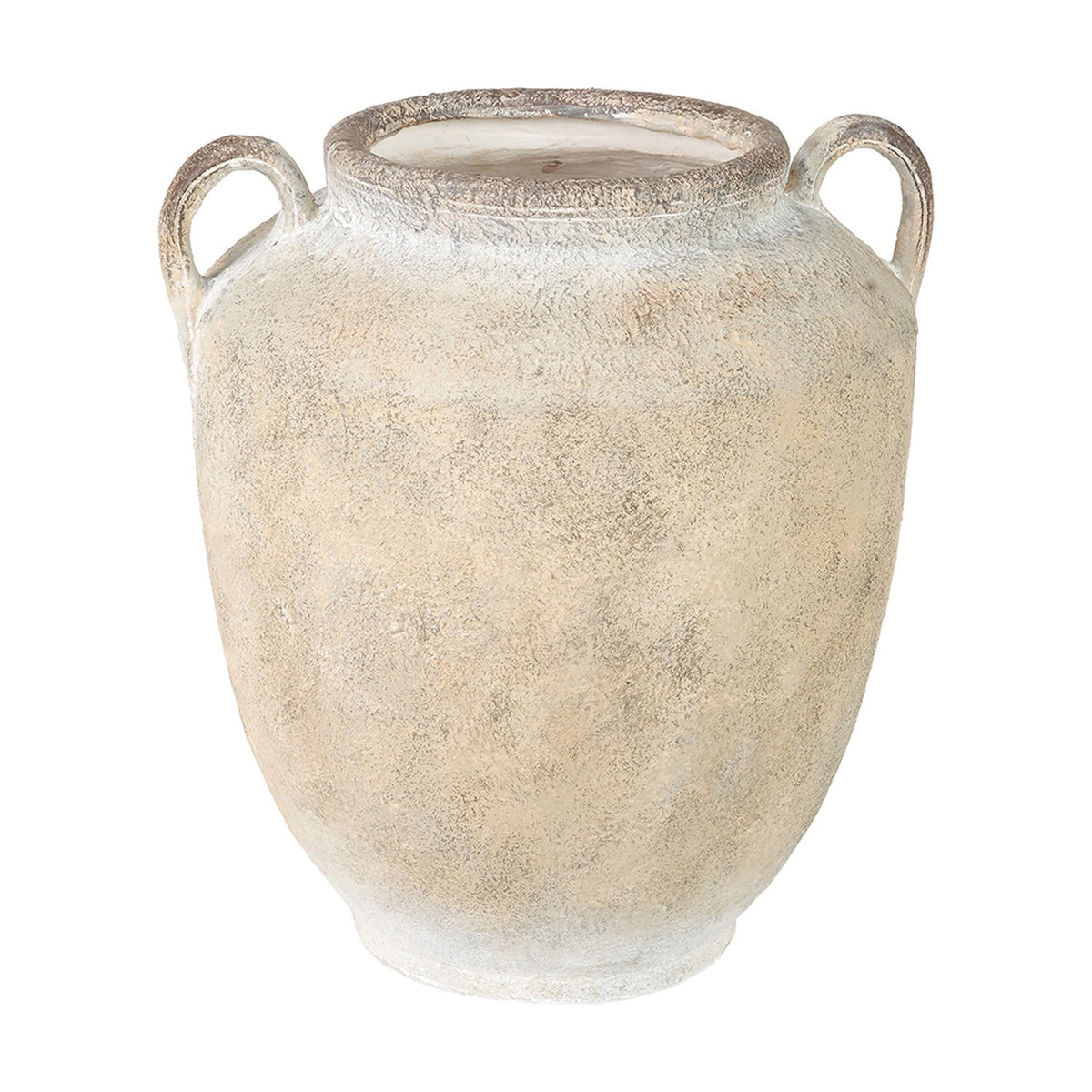 Natural textured fibrestone decorative vase, 41cm, with a rounded body, two side handles, and a rough-edged rim, shown against a plain white background.