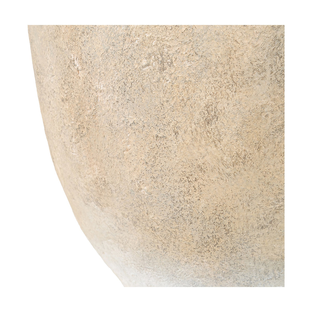 Close-up of the Natural Textured Fibrestone Decorative Vase, 41cm, showing its rounded curved silhouette and mottled sandy-beige textured surface against a plain white background.