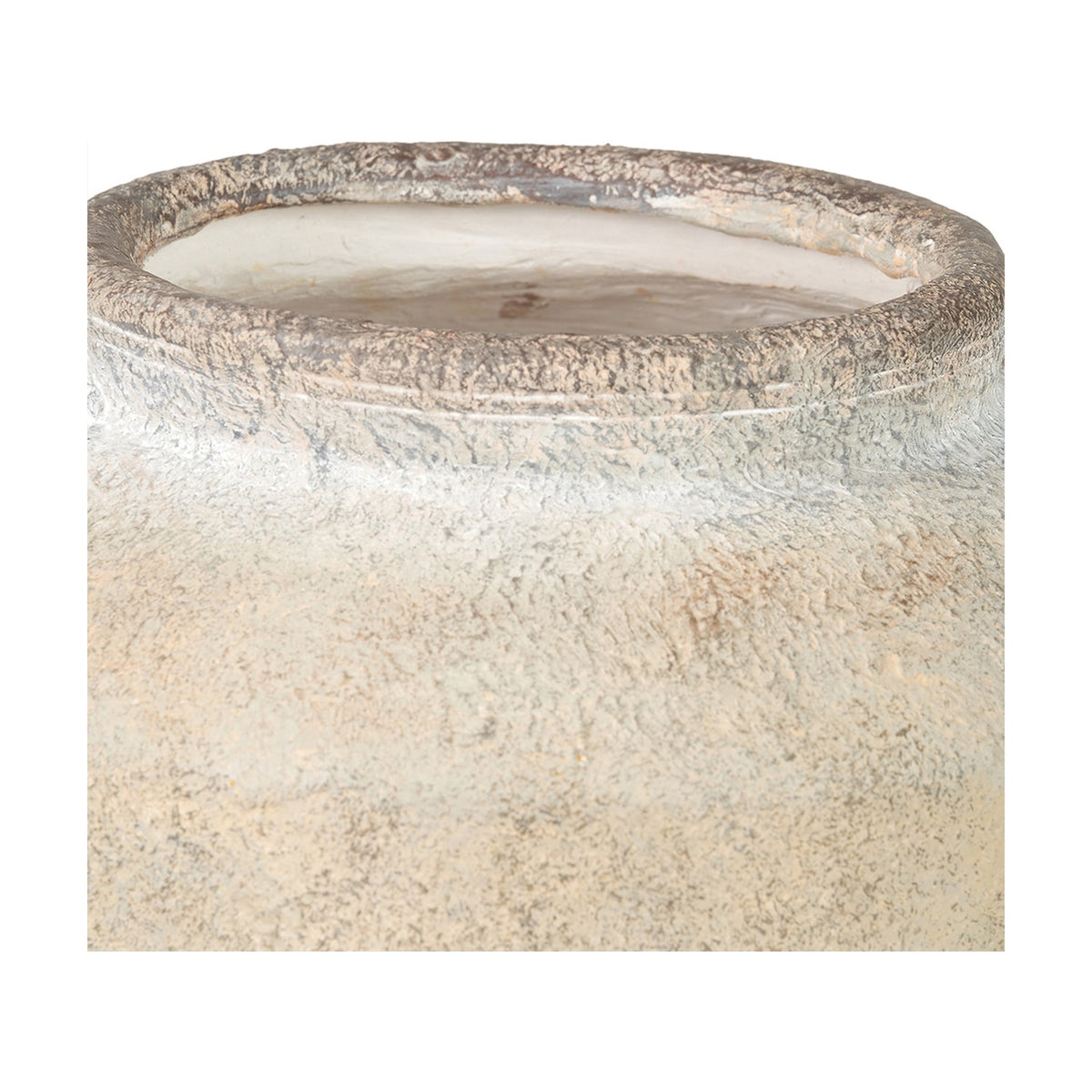 Close-up of the Natural Textured Fibrestone Decorative Vase, 41cm, showing its rough stone-like rim and mottled beige-white surface against a plain background.