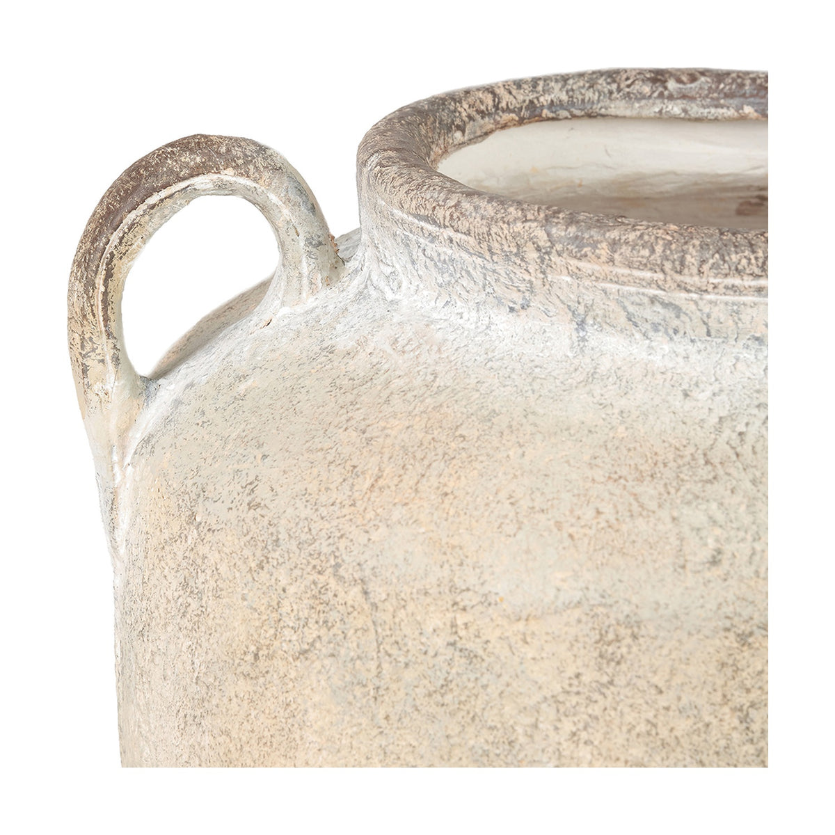 Close-up of a Natural Textured Fibrestone Decorative Vase, 41cm, showing a looped handle and weathered rim on a rough off-white finish against a plain background.