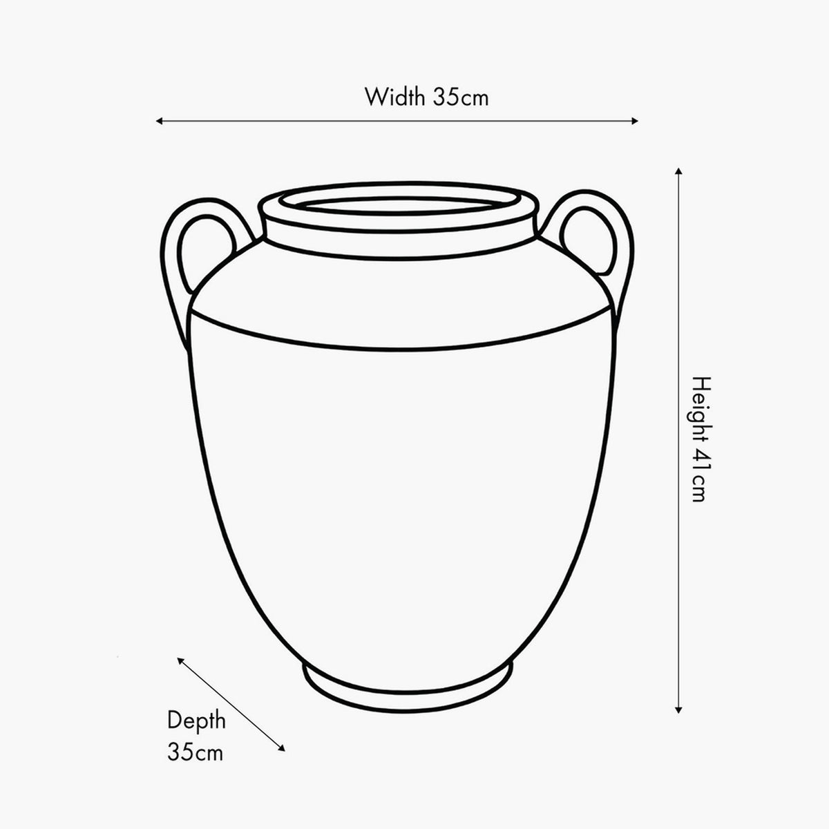 Line drawing of the Fibrestone Decorative Vase with Handles showing a rounded body, wide rim and two small side handles, labelled 35cm width, 35cm depth and 41cm height.