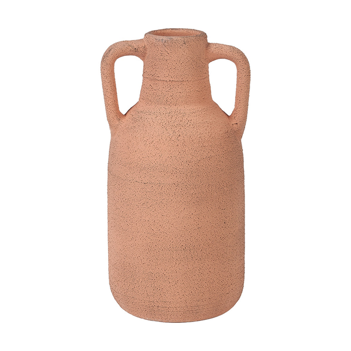 Terracotta decorative vase, 35cm, with twin handles and rough textured ceramic finish, shown on a plain white background.