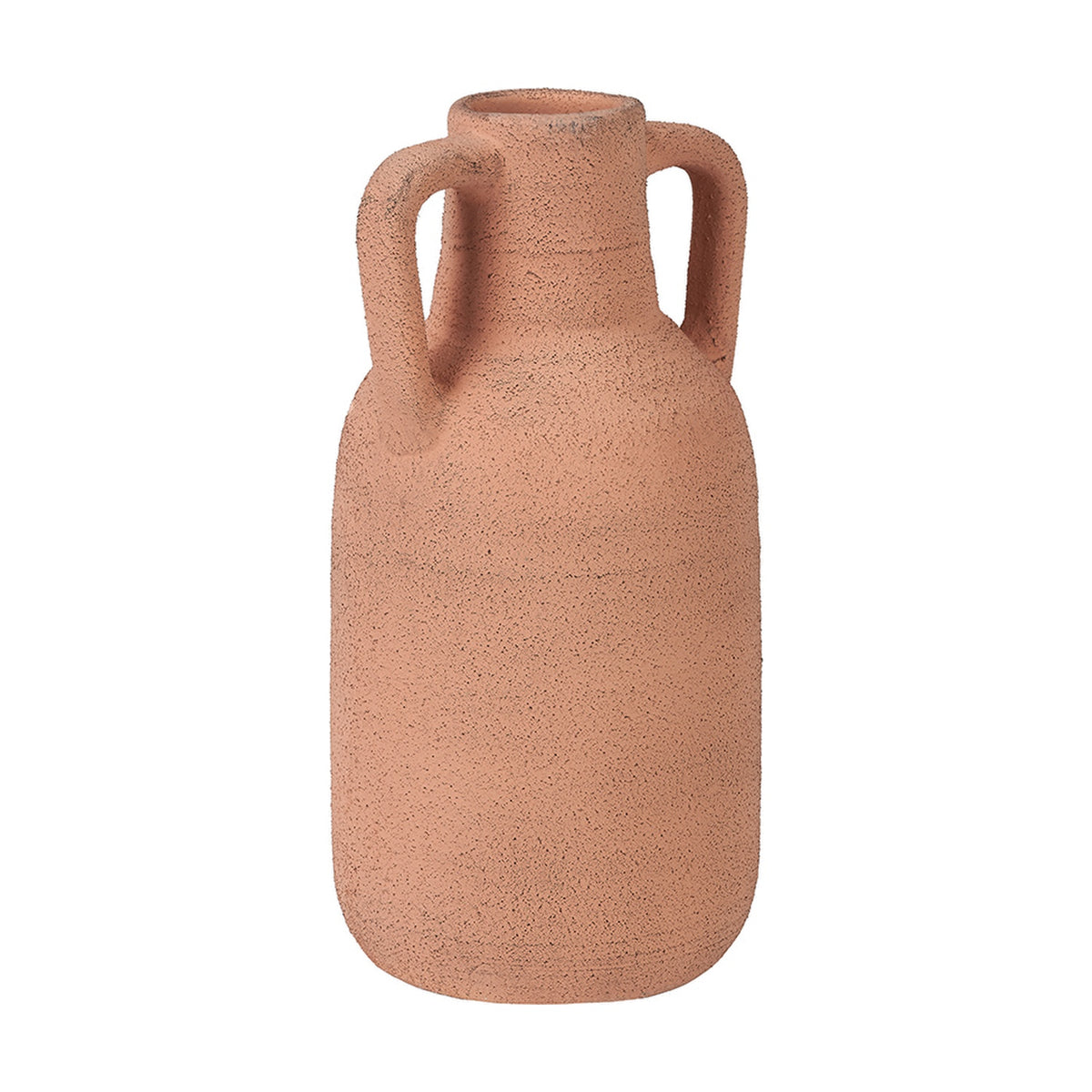 Natural textured terracotta decorative large vase, 35cm, with twin curved handles and narrow neck, shown on a plain white background.