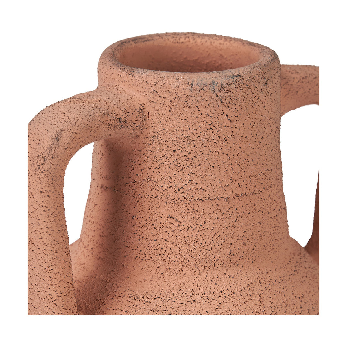 Close-up of a large terracotta decorative vase with two side handles, showing its natural, rough textured ceramic finish against a plain white background.