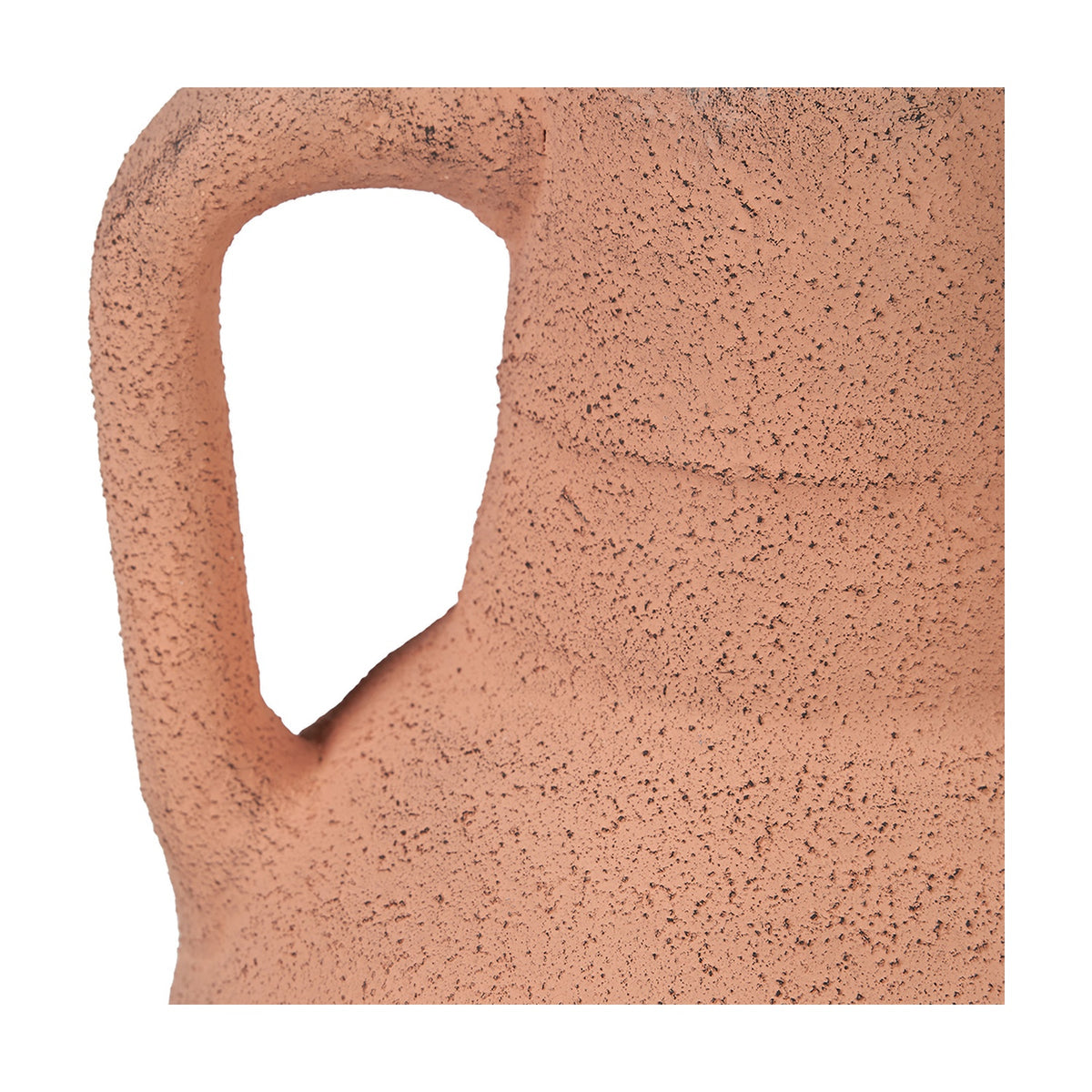 Close-up of the Natural Textured Terracotta Decorative Large Vase, 35cm, showing a looped handle and rough, speckled ceramic surface in terracotta tones on a plain white background.