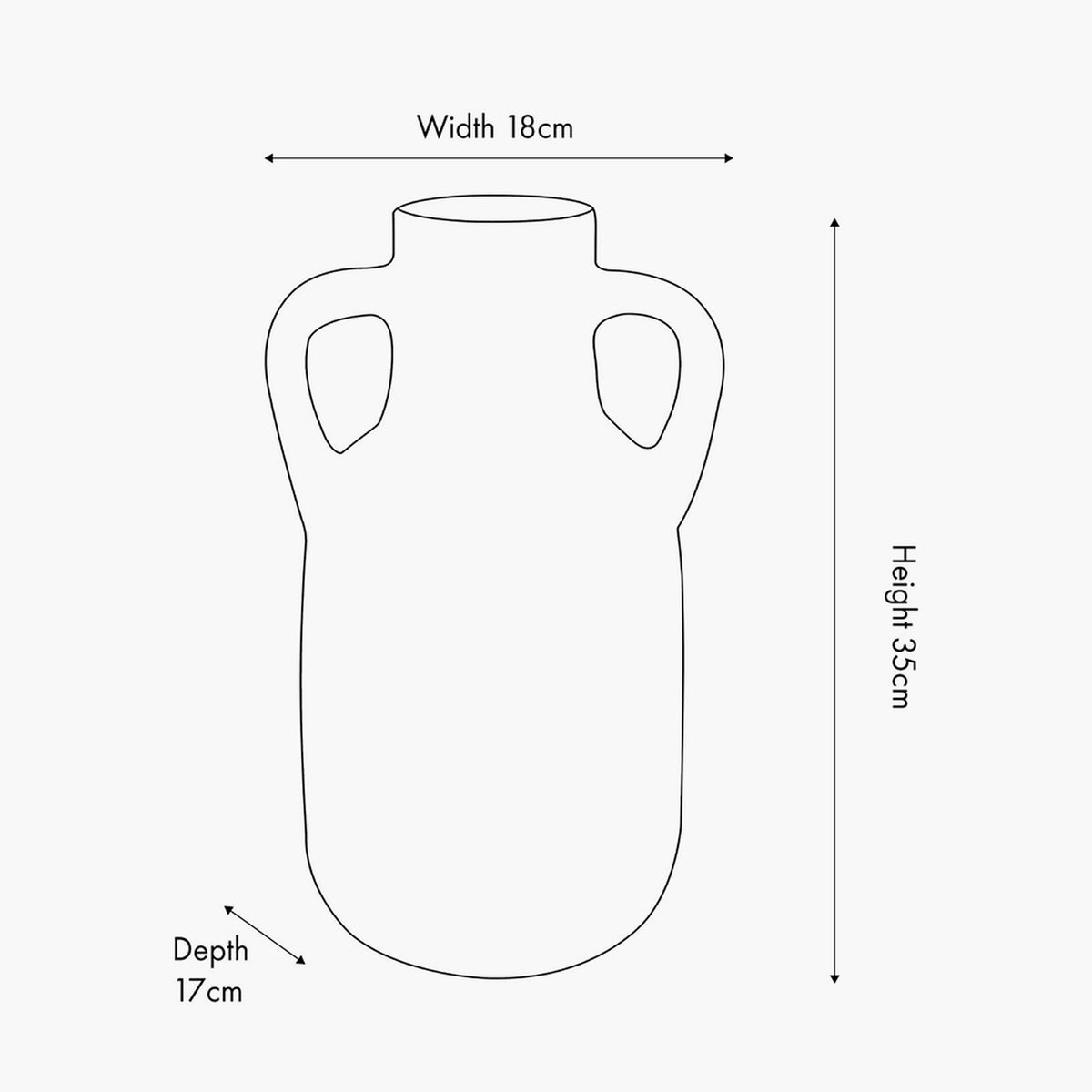Line drawing of a terracotta vase with two side handles and narrow neck, labelled with dimensions: 18cm width, 35cm height, 17cm depth, on a white background.