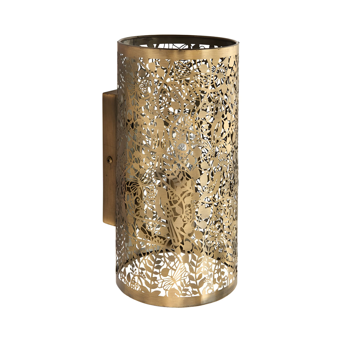 Endon Cliffmere cylindrical wall light in antique brass, with a cut-out secret-garden design of leaves and birds, shown on a plain white background.