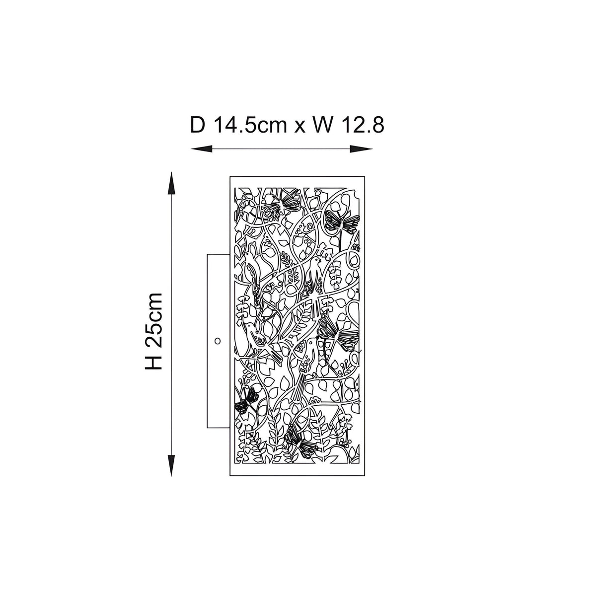 Dimension diagram of Endon Cliffmere wall light showing 25cm height, 12.8cm width and 14.5cm projection on a white background.
