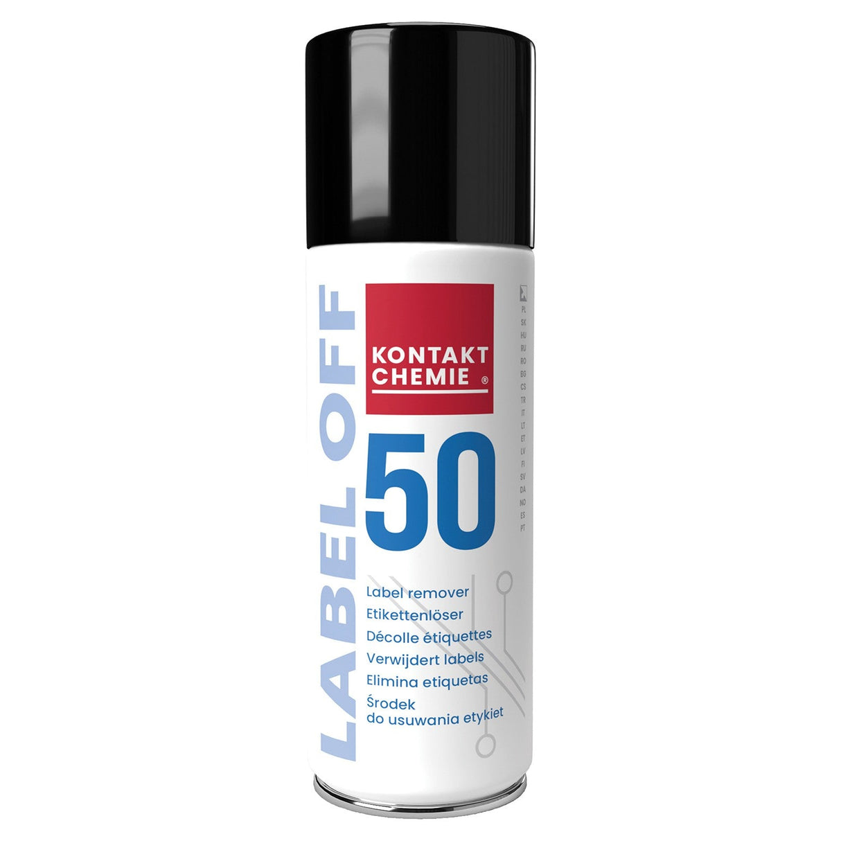 Kontakt Label Off 50 - 100ml is a white aerosol can with a black cap, blue and red multilingual text, designed for quick and effective adhesive label removal.