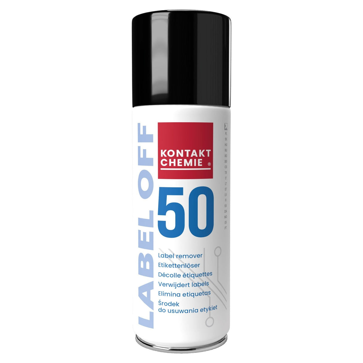 A white aerosol can with black cap labeled Kontakt Label Off 50 - 200ml, described as a self-adhesive label remover in multiple languages.