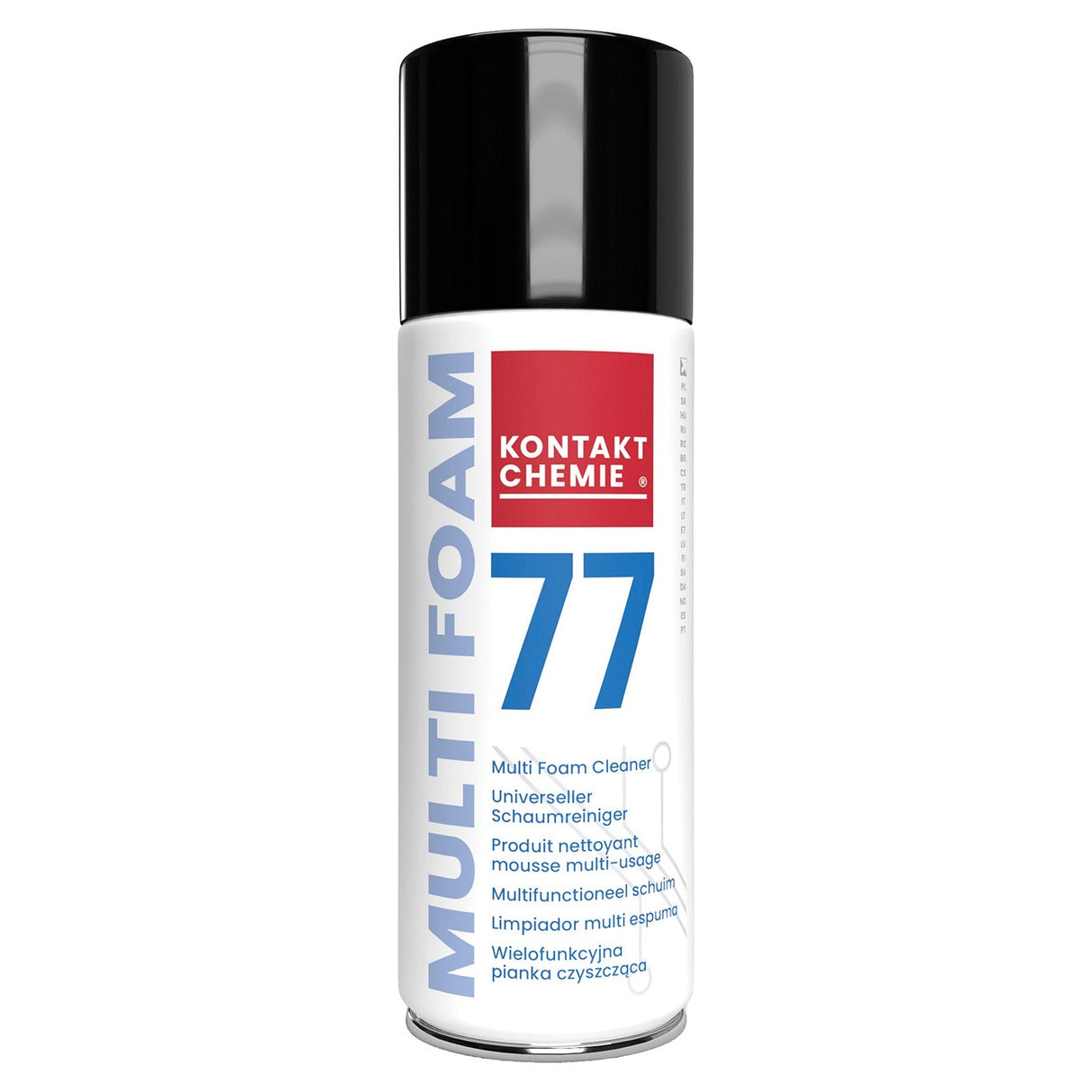 A 400ml spray can of Kontakt Multi Foam 77 with a black cap and white label, featuring product name and multilingual info for a universal foam cleaner that delivers streak-free cleaning.