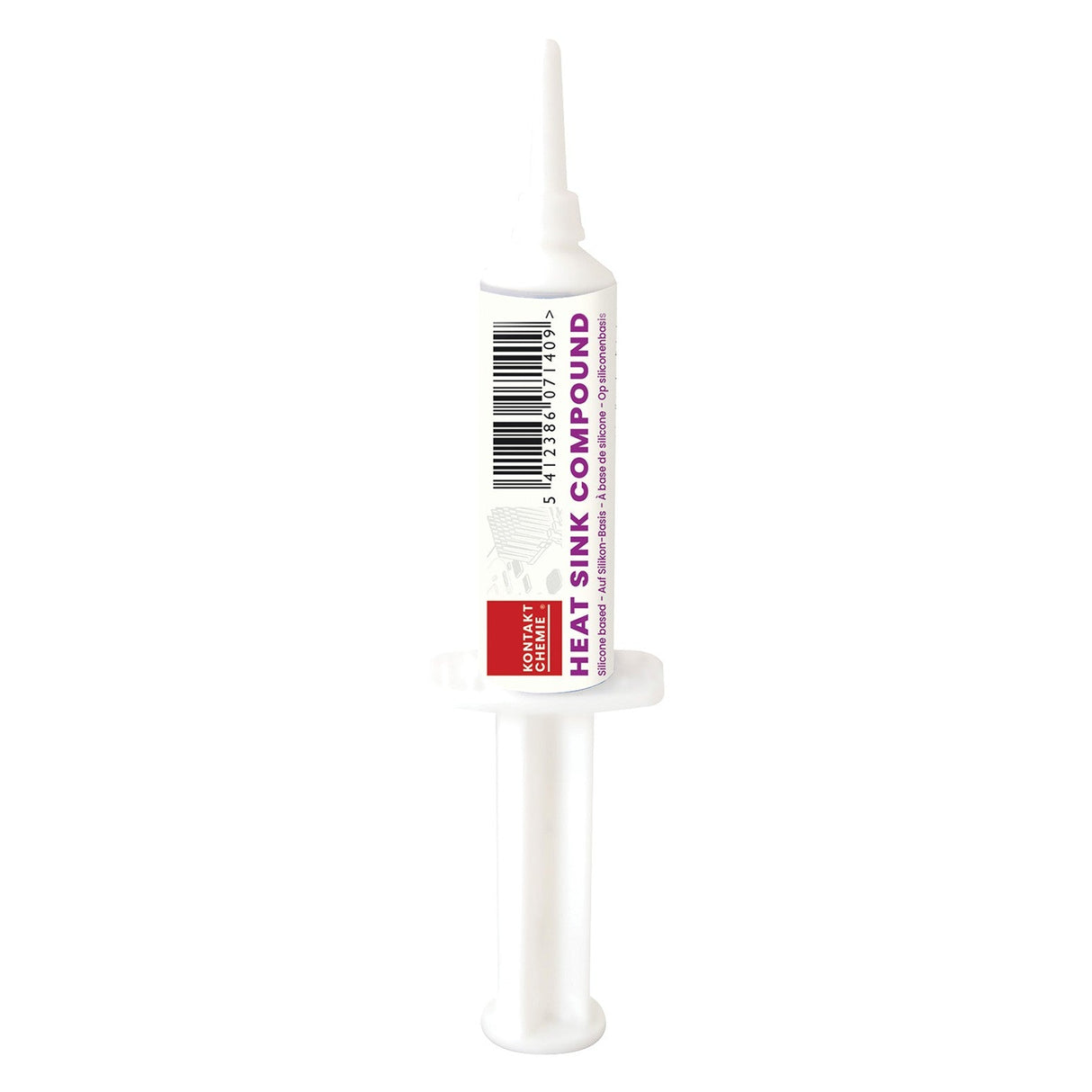 A white syringe labeled Kontakt Heat Sink Compound - 20g with a barcode and red text, used for applying thermal paste to electronic components for optimal heat dissipation.