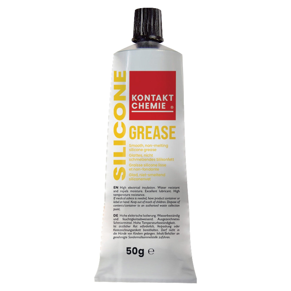 A tube of Kontakt Silicone Grease - 50g, with red, yellow, and black labeling and a black screw cap. Instructions and product details are printed on the front.