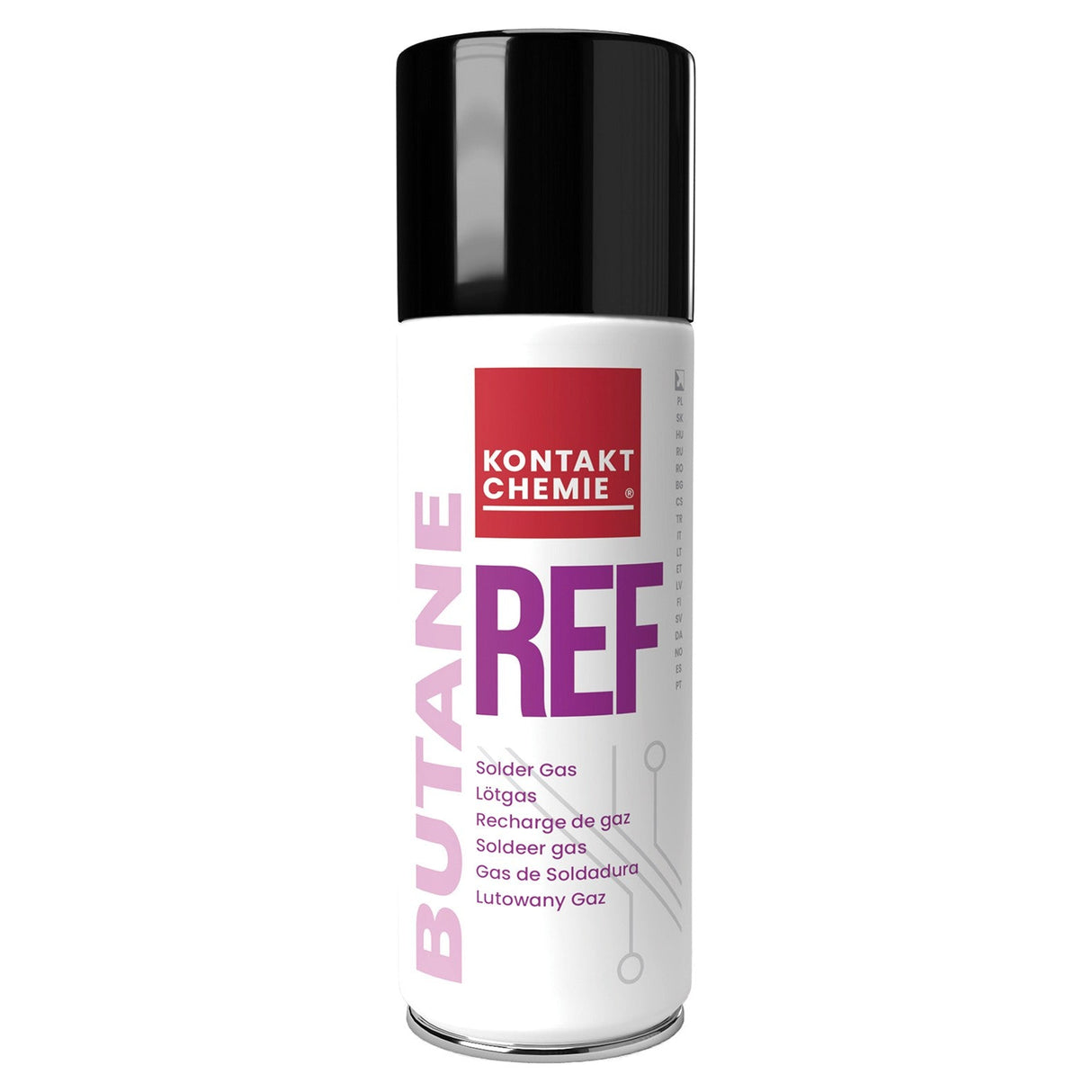 A 200ml can of Kontakt Butane Gas with a black cap, white body, and red label featuring multilingual product info. Ideal fuel for your gas soldering iron.
