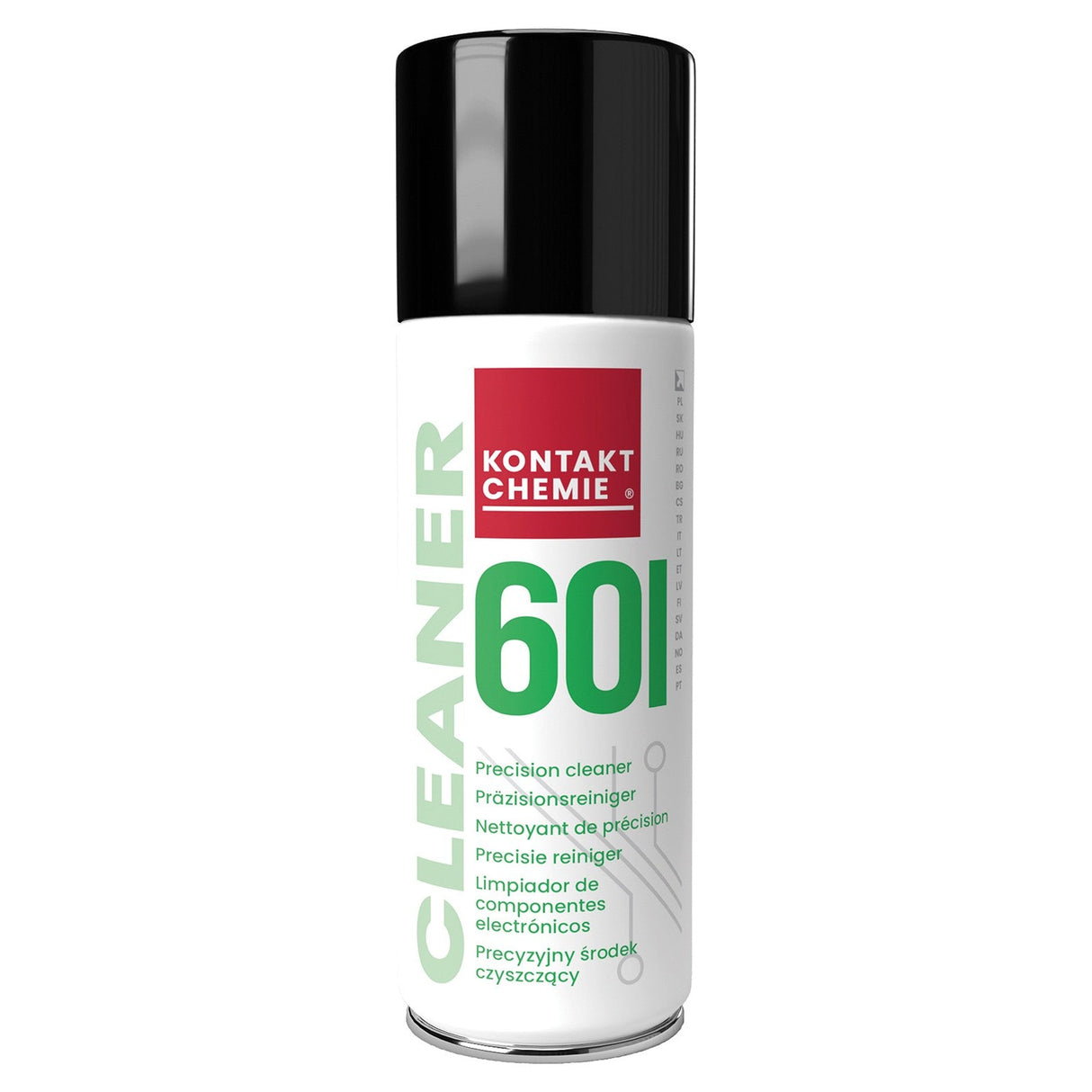 A white aerosol can labeled Kontakt Cleaner 601 - 200ml with green and red accents, featuring multilingual text, designed for cleaning electronic components and precision mechanics.