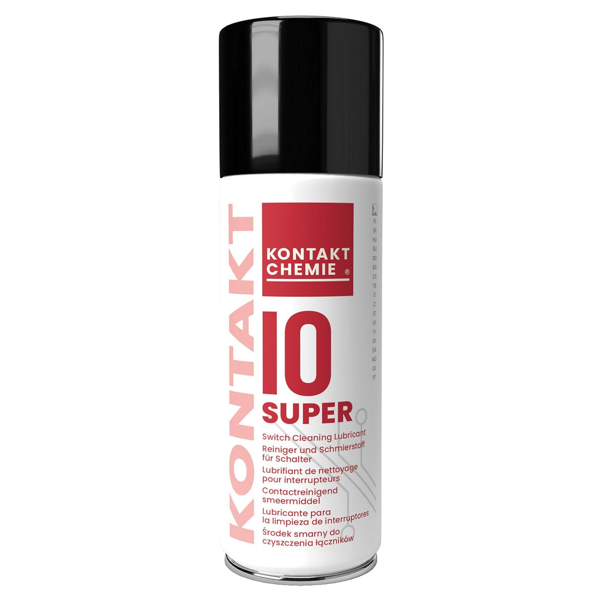 A 200ml can of Kontakt Kontakt Super 10 switch and contact cleaner with a black cap, white body, and red label featuring multilingual details; leaves a conductive lubricating film for efficient electrical cleaning.