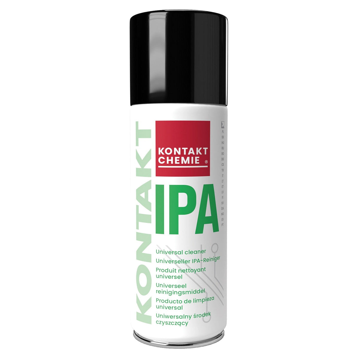 A white aerosol can labeled Kontakt Kontakt IPA - 200ml, with green and red text and a black cap, serves as a universal isopropanol cleaner for electronics and features multilingual descriptions.
