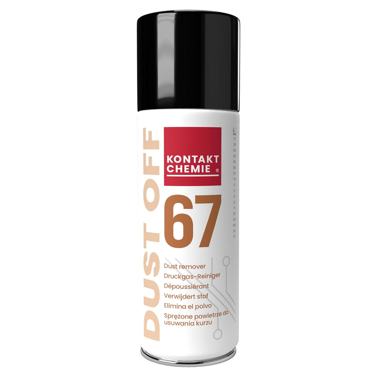 A 200ml can of Kontakt Dust Off 67 HFO with a black cap and white label, featuring red and yellow text, uses high-pressure inert gas to clean electronic components, shown against a white background.