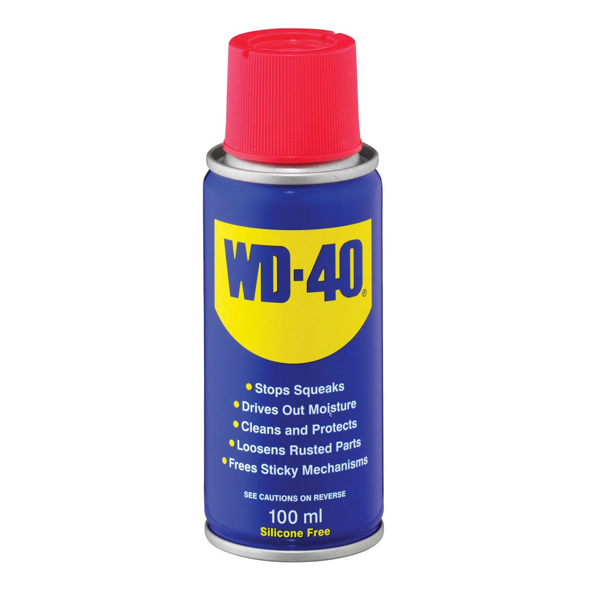 A 100ml can of WD-40 Multi Use featuring a blue and yellow design with a red cap. The label highlights its ability to lubricate, protect, stop squeaks, drive out moisture, loosen rusted parts, and free sticky mechanisms.