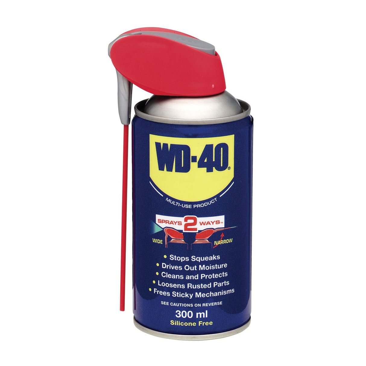 The WD-40 WD-40 Smart Straw - 300ml features a blue and yellow label and stops squeaks, drives out moisture, loosens rusted parts, and provides lasting rust protection.